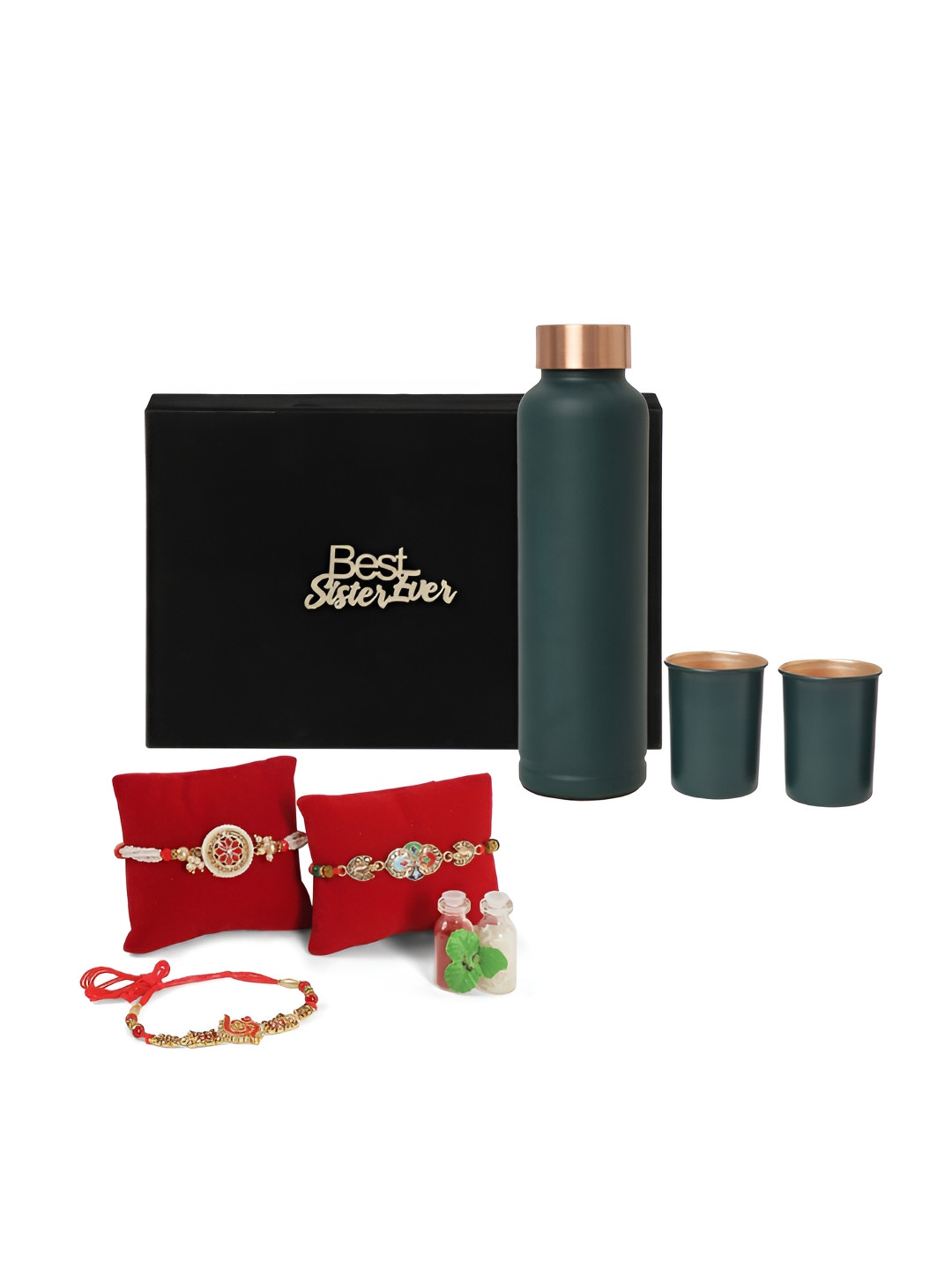 

INTERNATIONAL GIFT Set Of 6 Rakhi With Water Bottle & Glass, Green