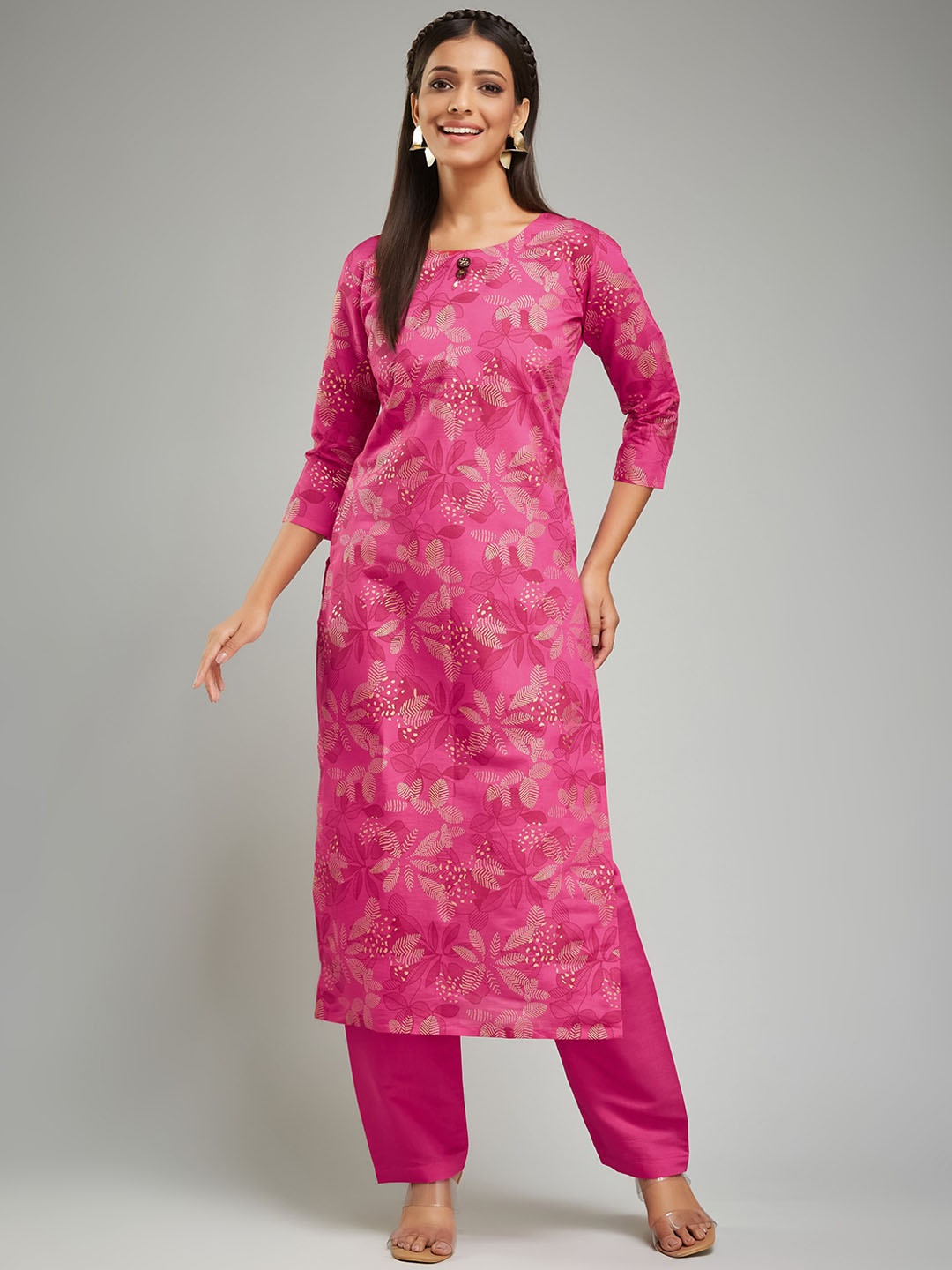 

KALINI Ethnic Motifs Printed Round Neck Chanderi Silk Straight Kurta with Trousers, Pink