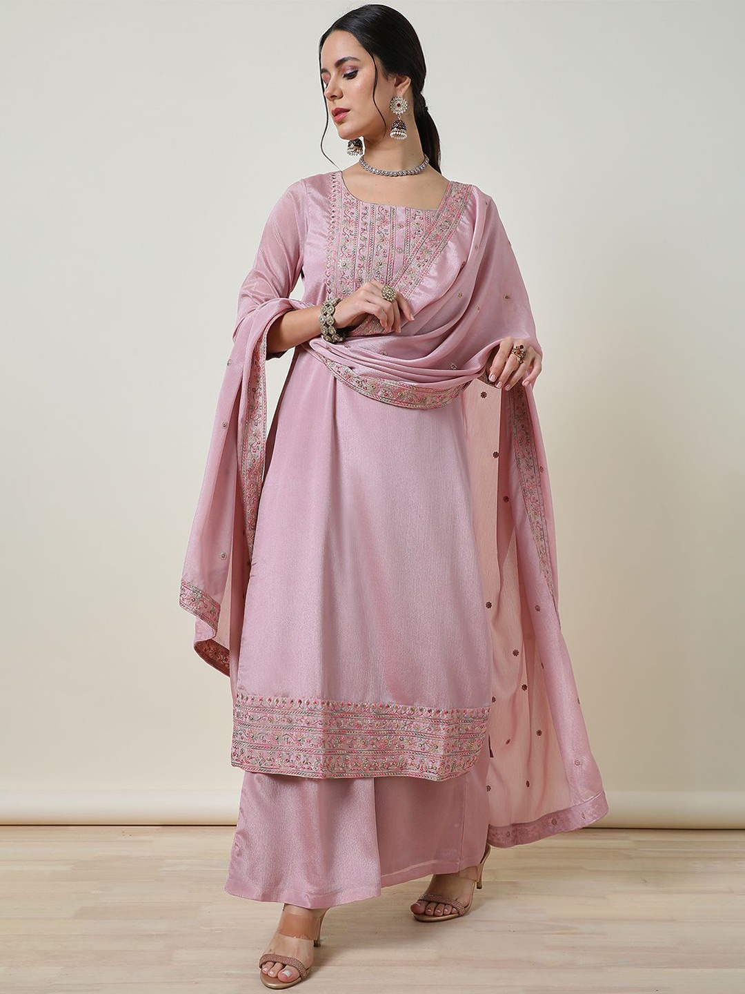 

Soch Women Ethnic Motifs Embroidered Regular Sequinned Kurta with Palazzos & With Dupatta, Pink