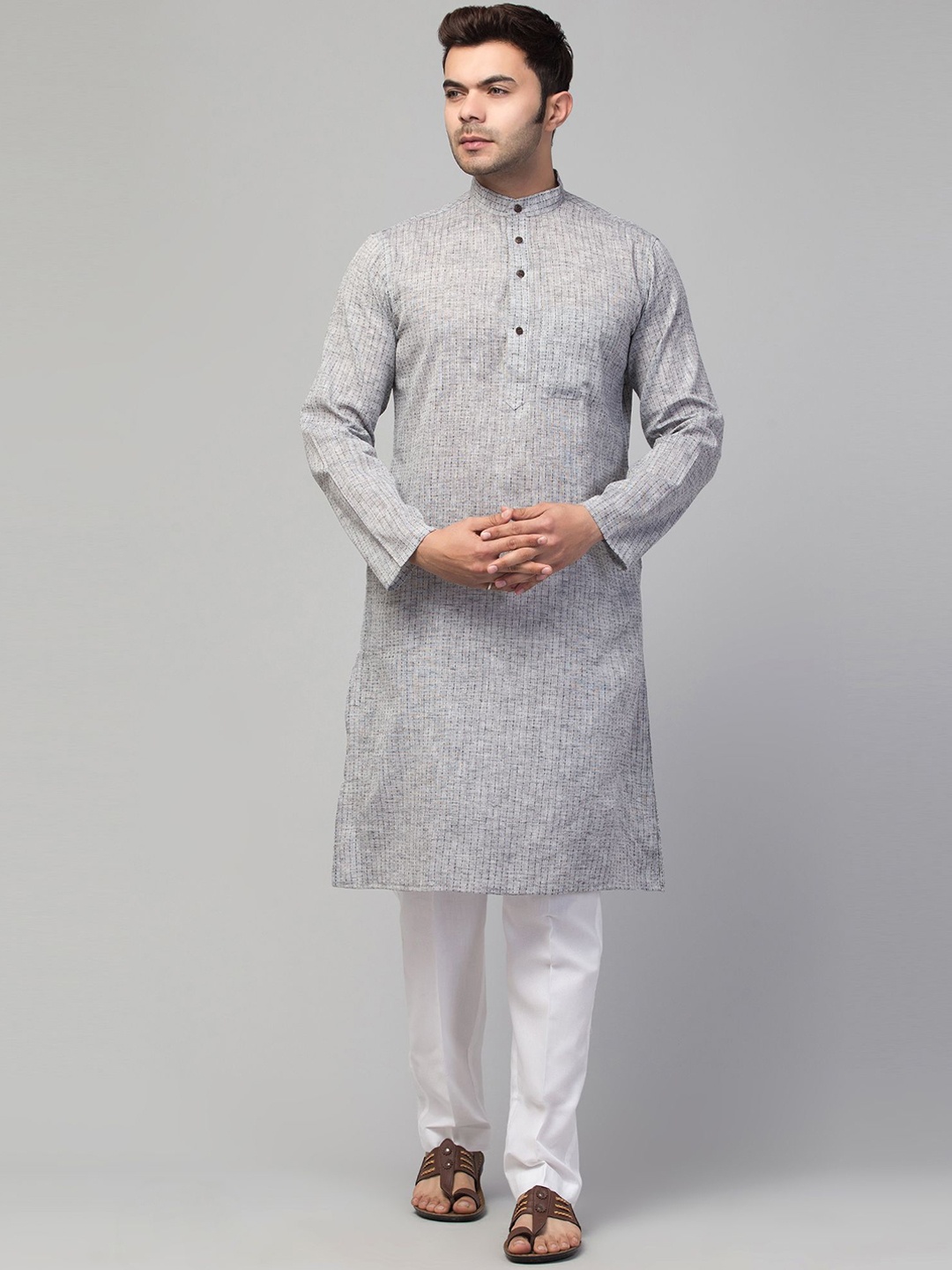 

MUSHKIYA Striped Thread Work Pure Cotton Straight Kurta, Grey