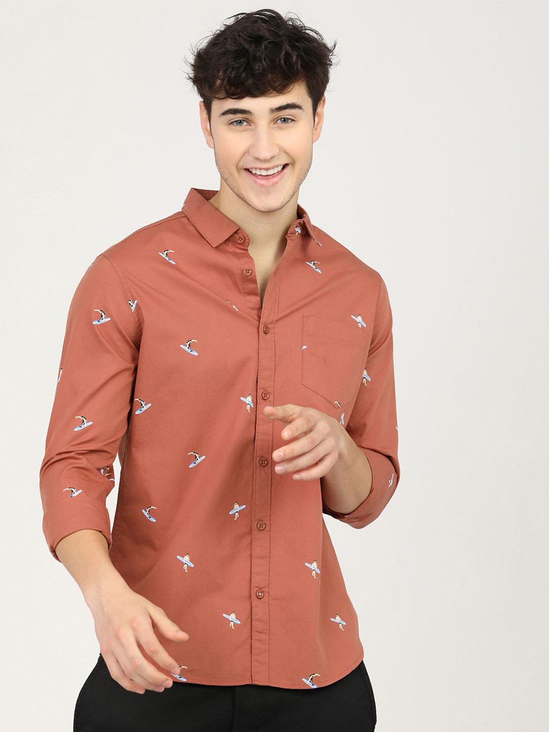 

HIGHLANDER Men Slim Fit Opaque Printed Casual Shirt, Rust