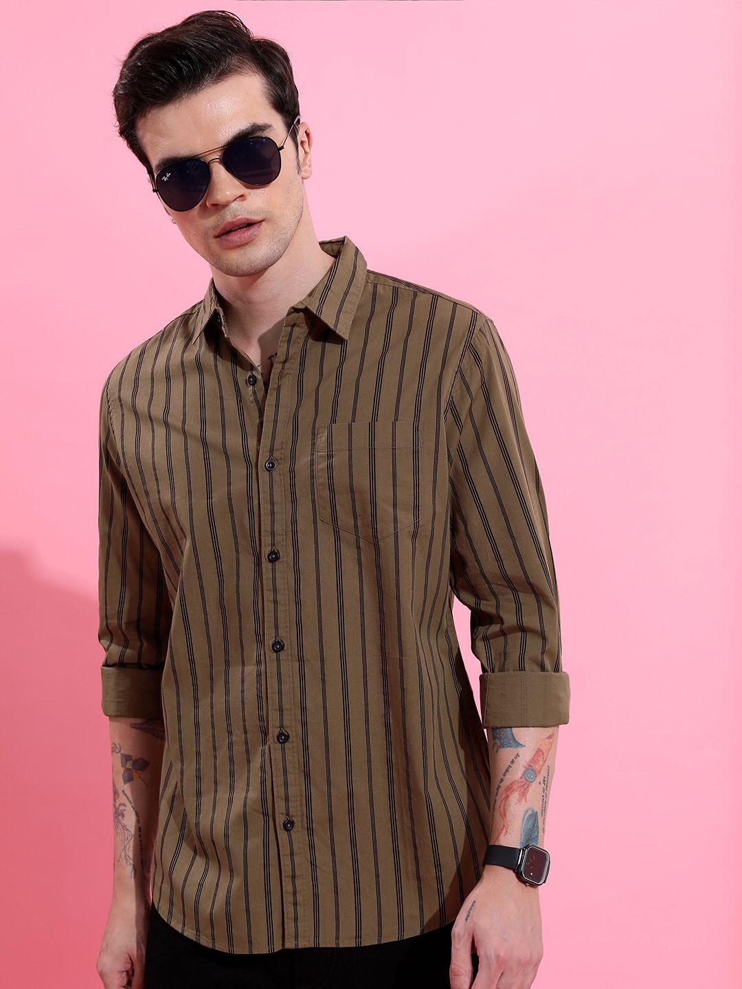 

HIGHLANDER Men Slim Fit Opaque Striped Casual Shirt, Khaki