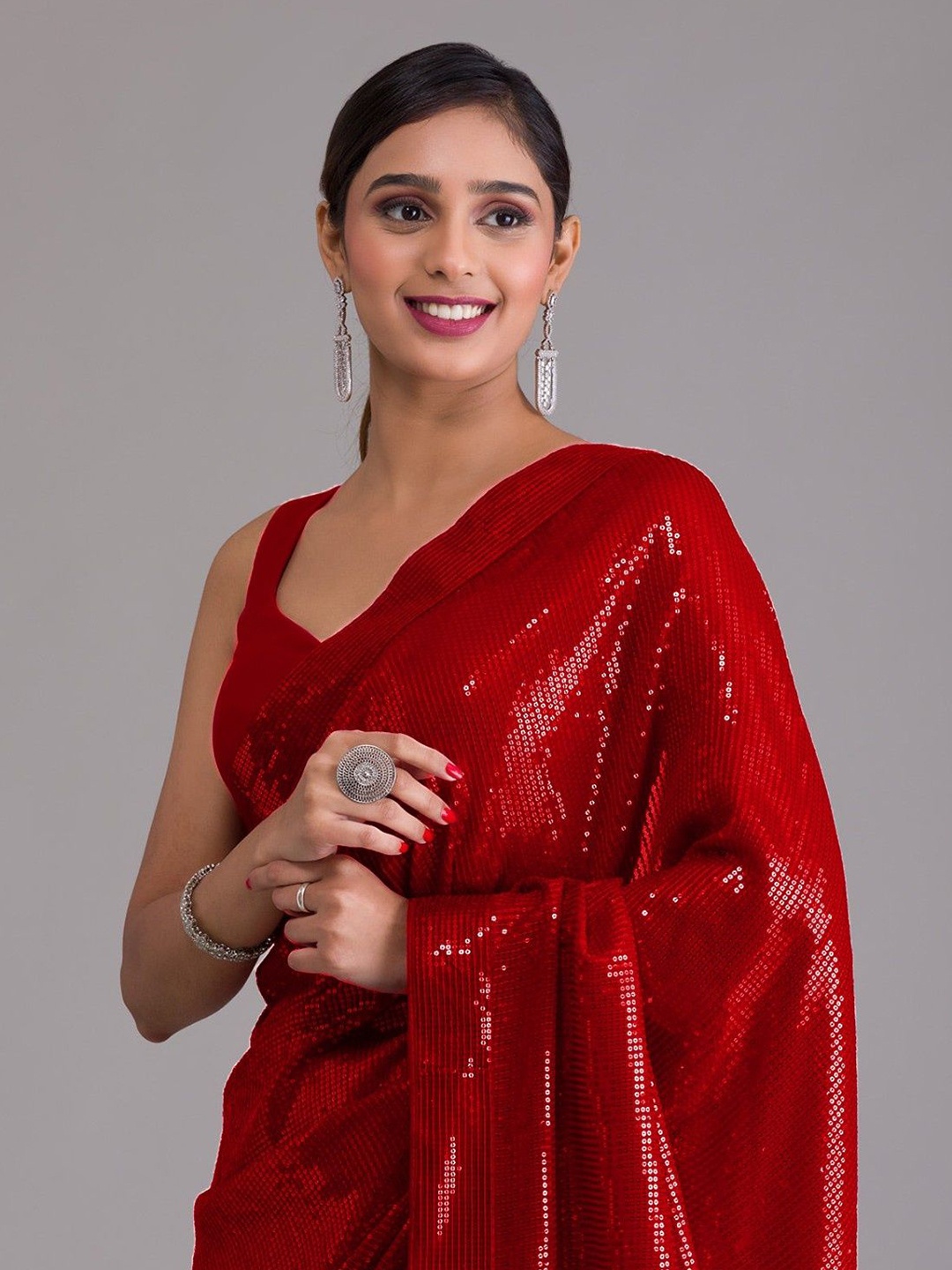 

ANJANI TEXTILE Embellished Sequinned Poly Georgette Saree, Red