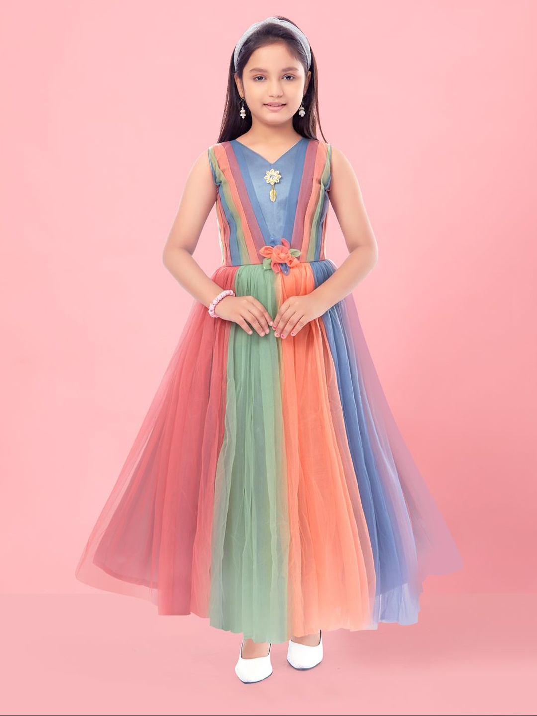 

BAESD Girls Colourblocked Net Fit & Flare Maxi Dress, Blue