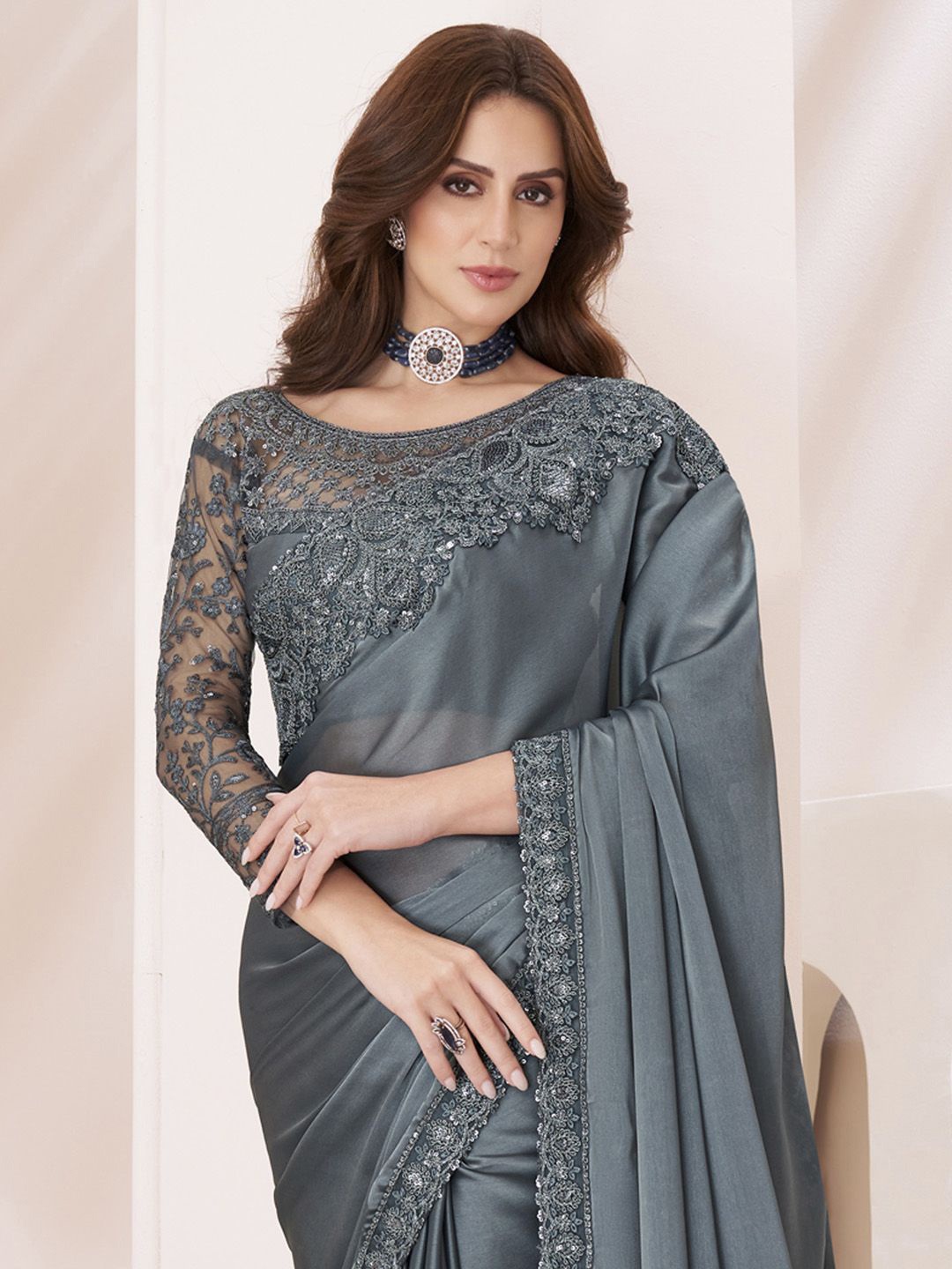 

Mitera Sequinned Pure Georgette Saree, Grey