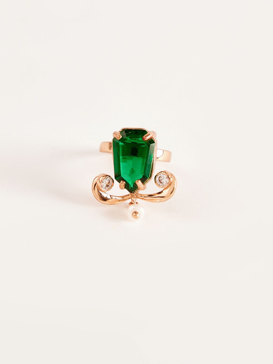 

Outhouse Rose Gold-Plated Cubic Zirconia-Studded & Beaded Finger Ring