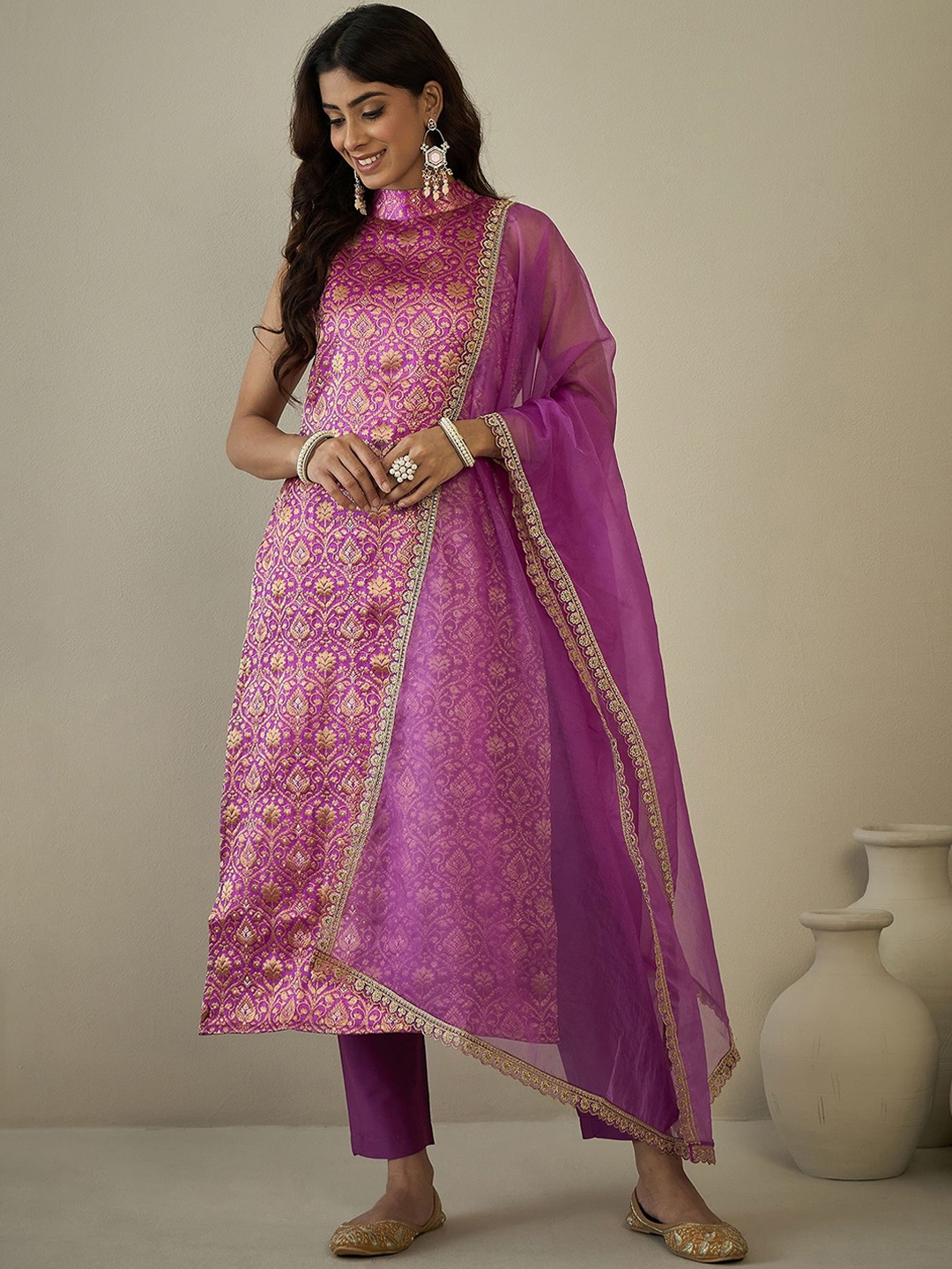

Inddus Ethnic Motifs Woven Design High Neck Regular Kurta With Trouser With Dupatta, Purple