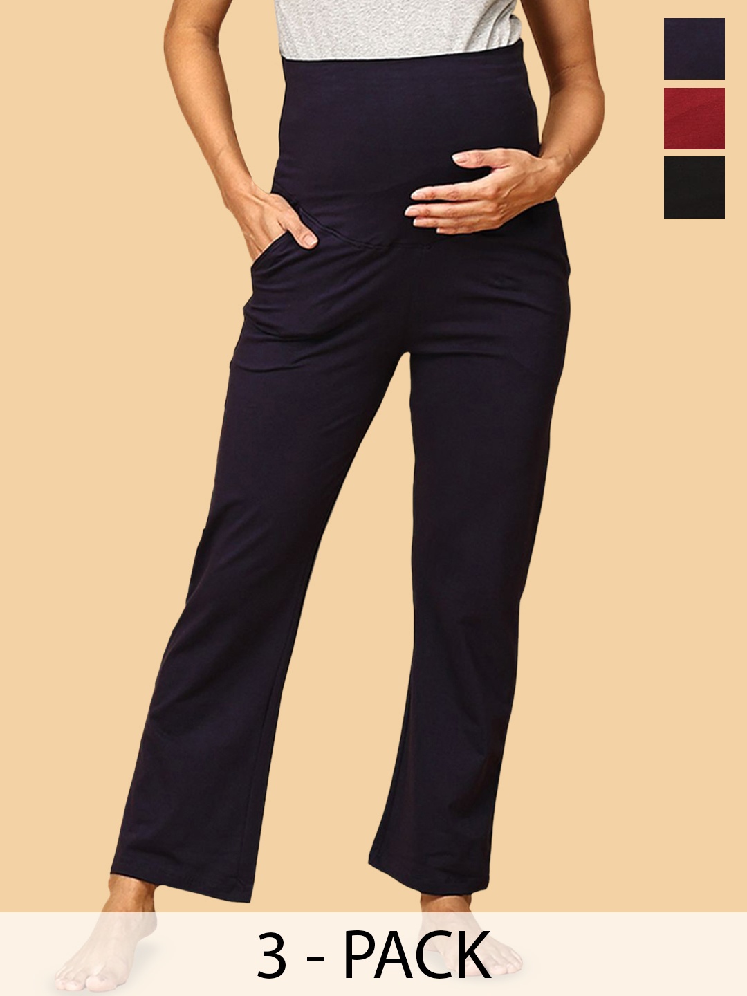 

The Mom Store Women Pack Of 3 Cotton Maternity Track Pants, Maroon