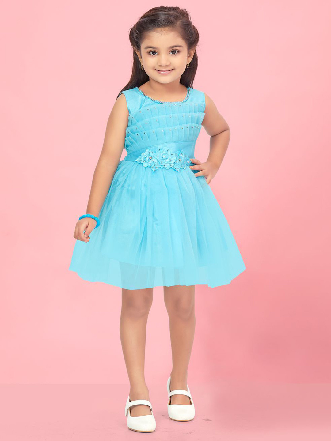 

BAESD Girls Net Embellished Self Design Fit & Flare Dress, Turquoise blue