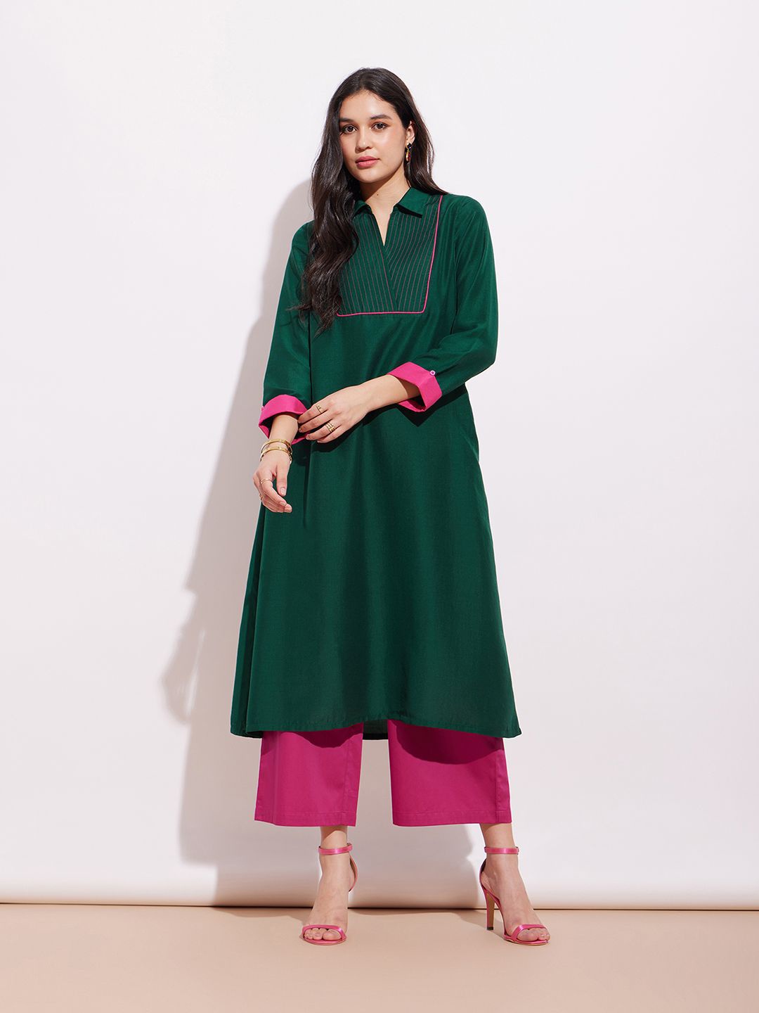 

Pink Fort Shirt Collar A-Line Kurta, Green