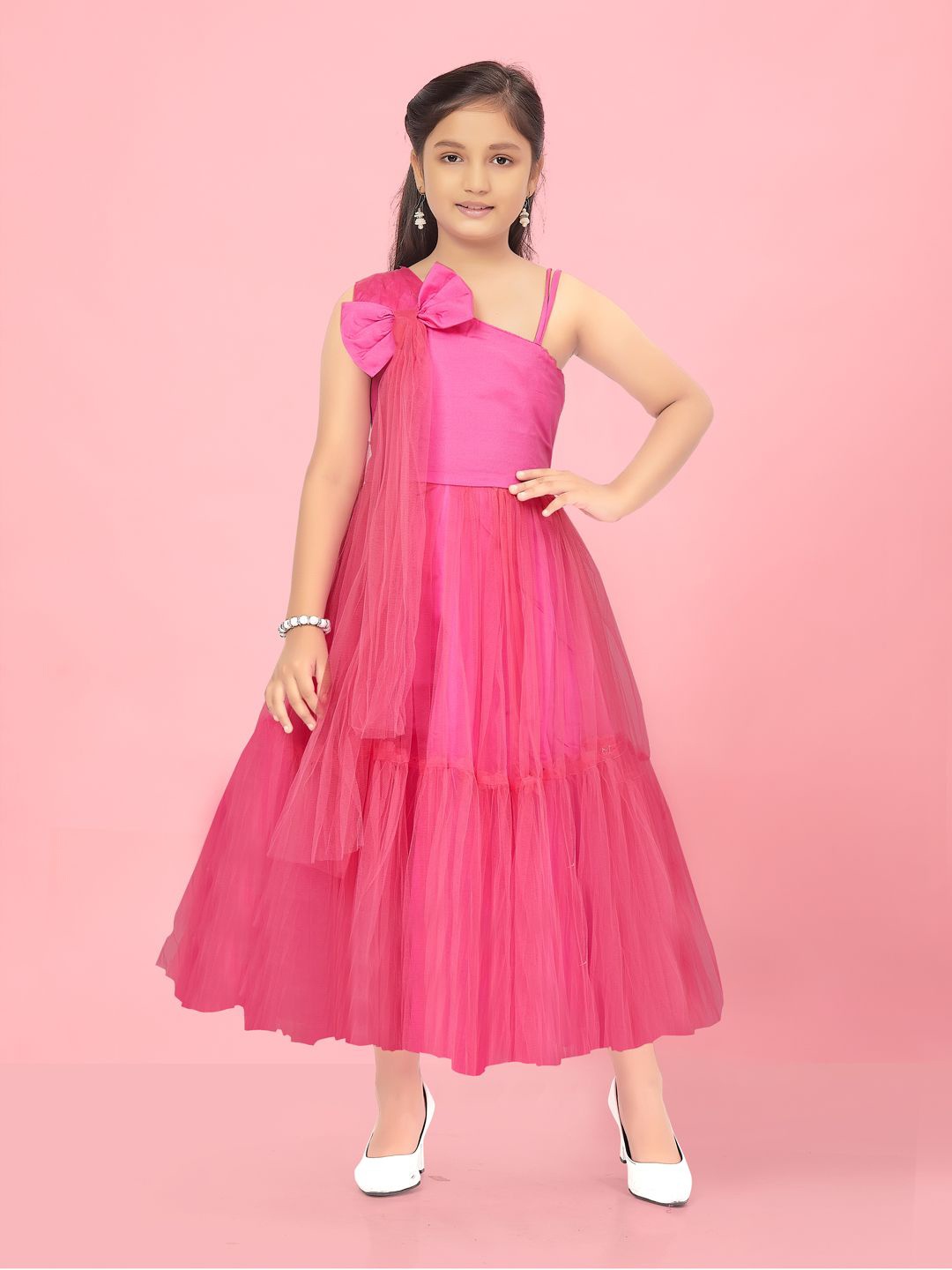 

BAESD Girls Asymmetric Neck Sleeveless Bow Details Net Maxi Dress, Pink