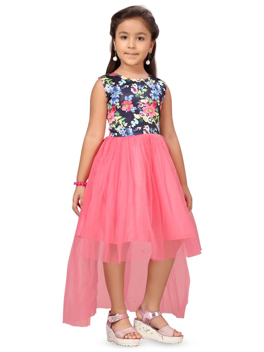 

BAESD Girls Floral Printed Net Fit & Flare Dress, Pink