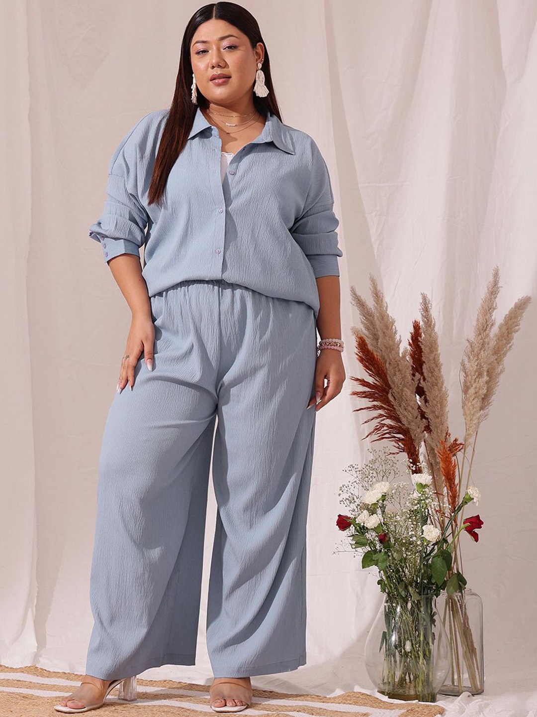 

CURVY STREET Plus Size Long Sleeves Shirt With Trousers, Blue