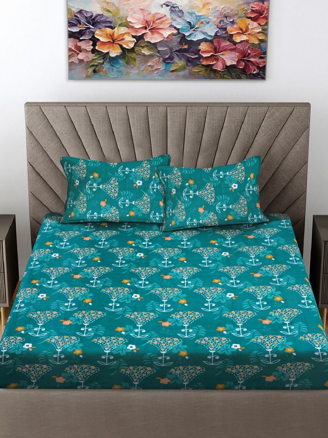 

FABINALIV Turquoise Blue Floral 300 TC King Bedsheet With 2 Pillow Covers