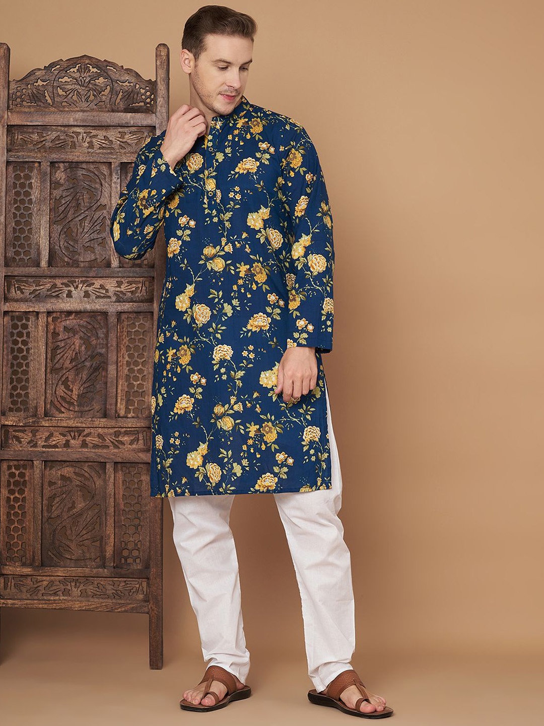 

FABRIC FITOOR Men Pure Cotton Printed Kurta, Navy blue