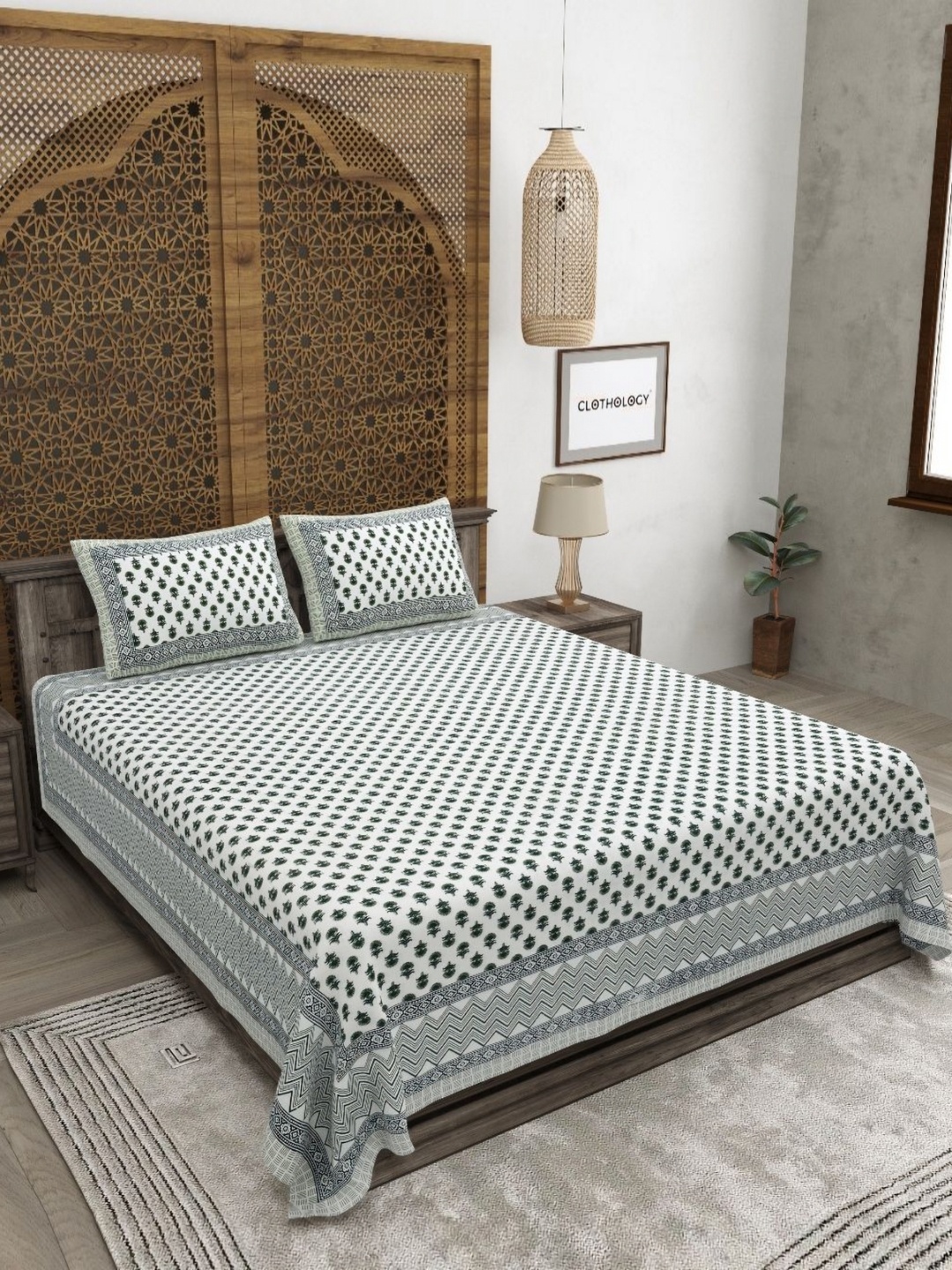 

CLOTHOLOGY Green & White Floral Printed 180 TC Cotton King Bedsheet with 2 Pillow Covers
