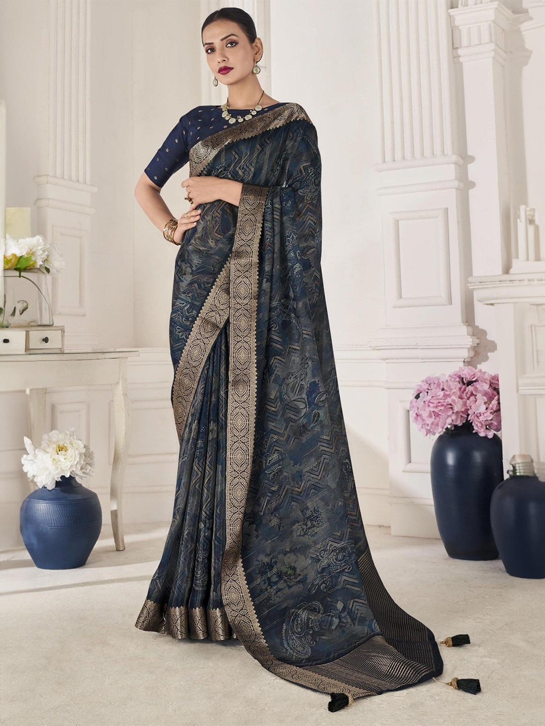 

MySilkLove Embroidered Silk Blend Banarasi Saree, Blue