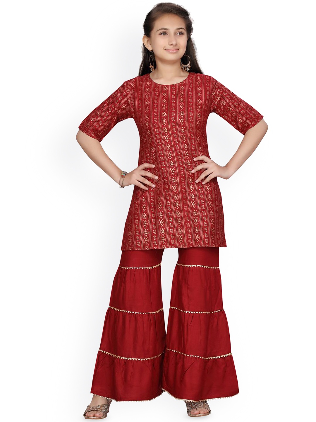 

BAESD Girls Ethnic Woven Design Regular Pure Cotton Straight Kurti with Sharara, Maroon