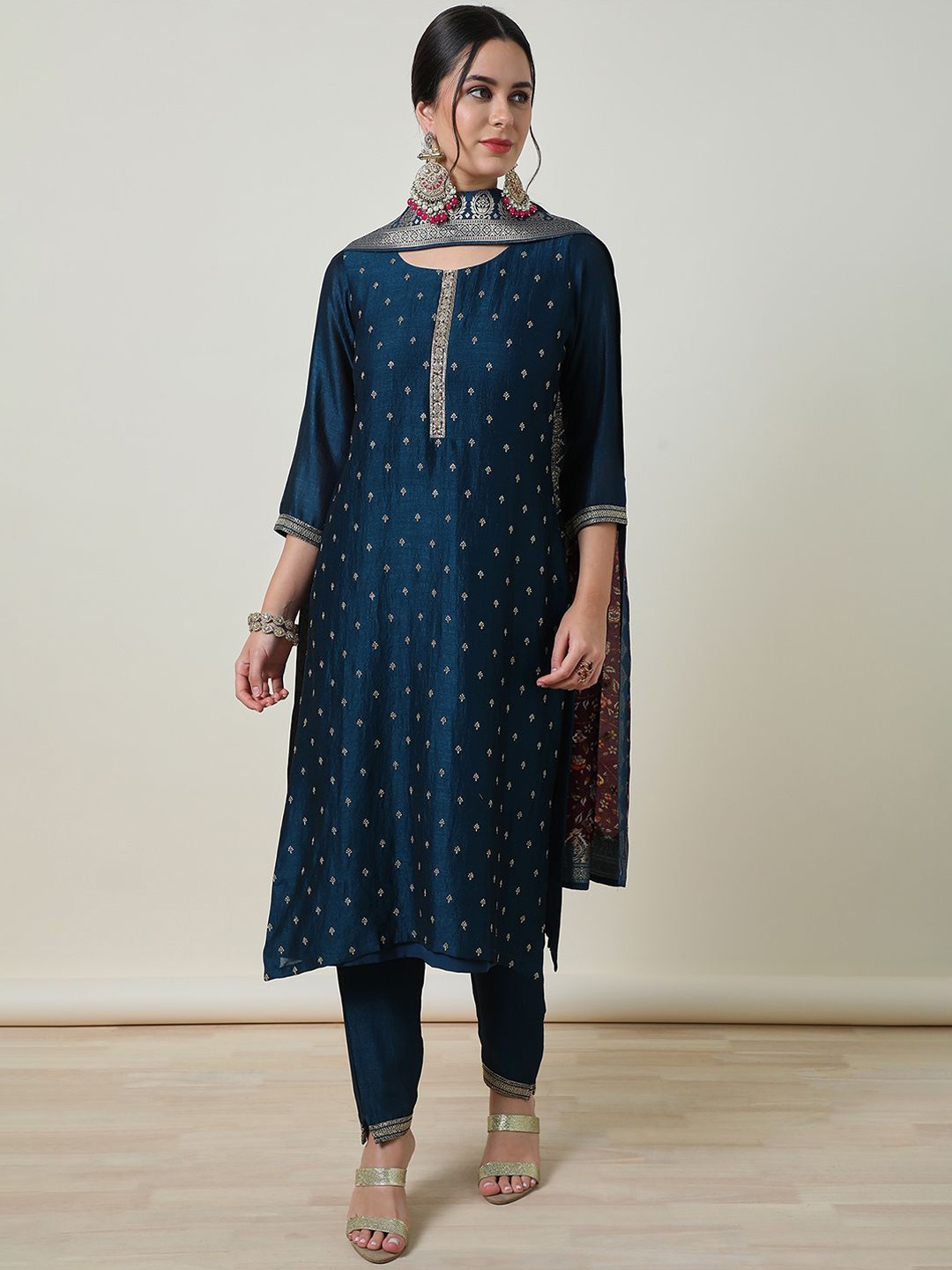 

Soch Women Ethnic Motifs Embroidered Regular Zardozi Kurta with Trousers & With Dupatta, Navy blue