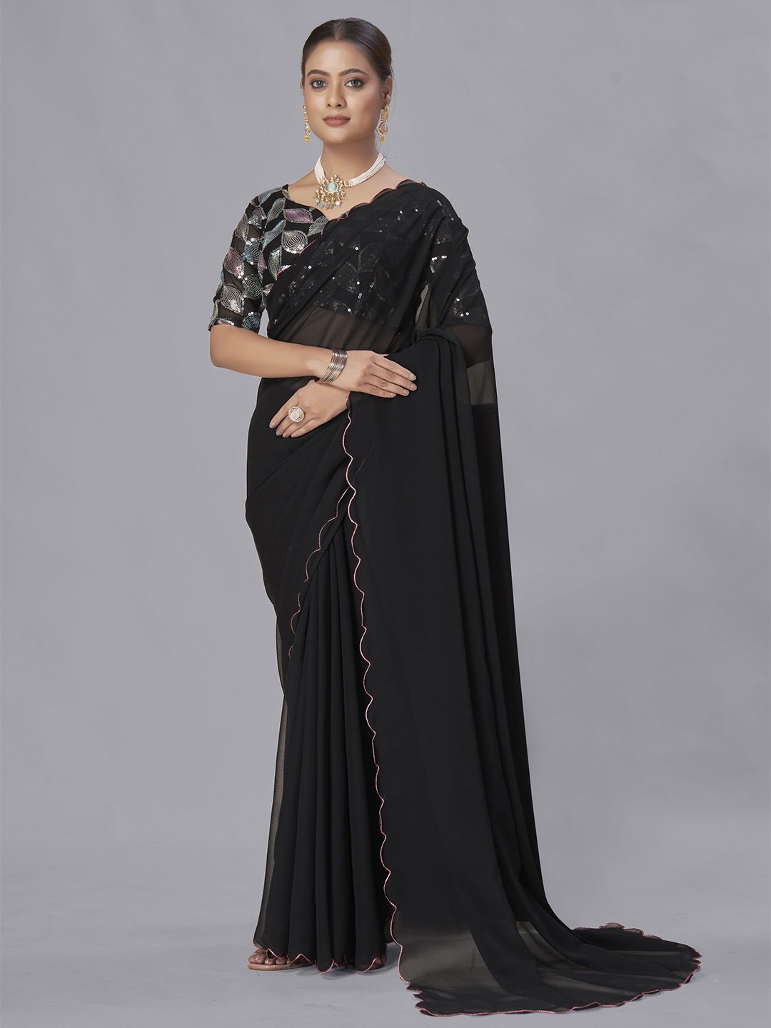 

JULEE Embroidered Pure Georgette Saree, Black