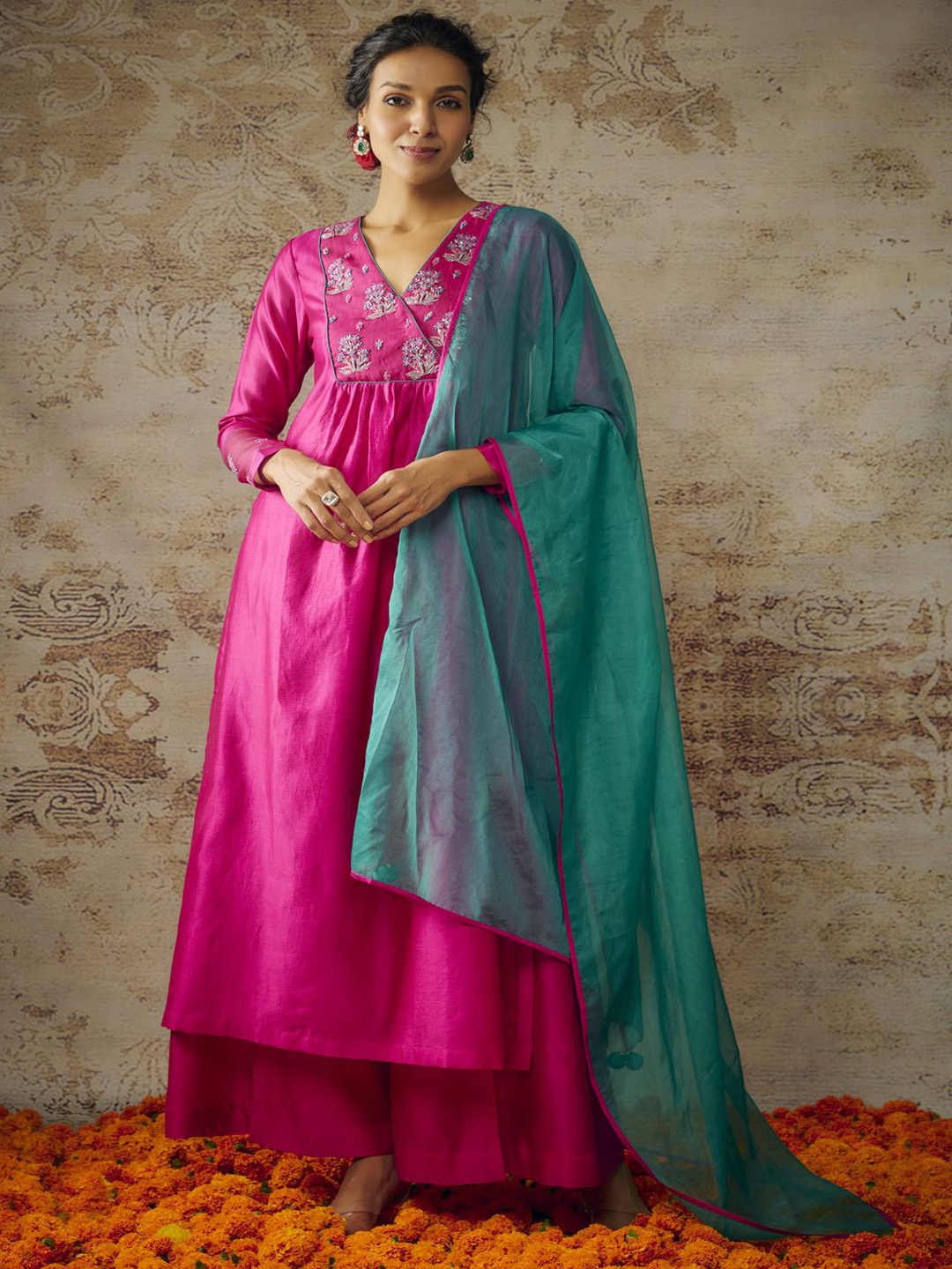 

The Aarya Floral Yoke Design Thread Work A Line Kurta with Palazzos & Dupatta, Pink