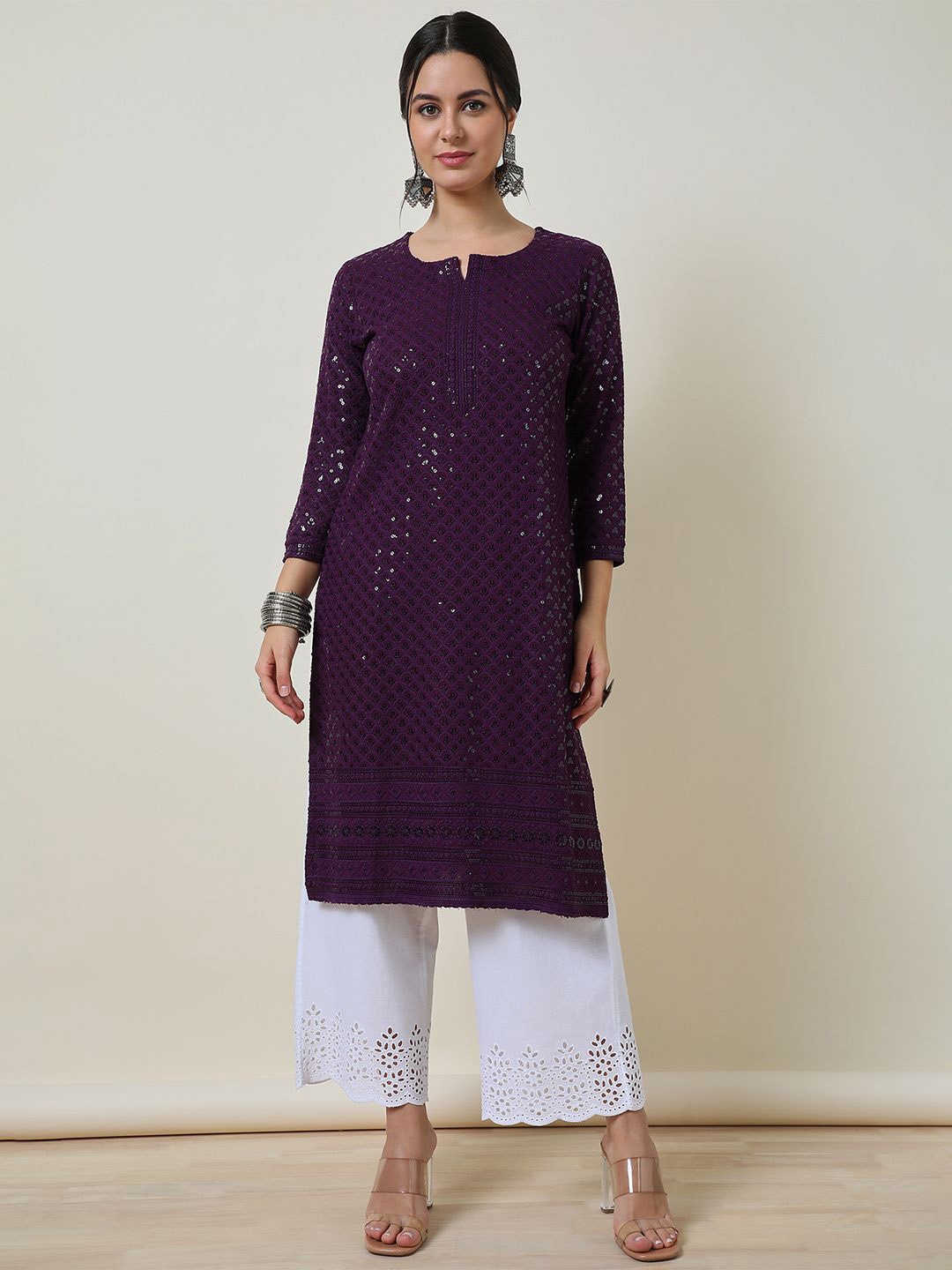 

Soch Geometric Embroidered Sequins Notch Neck Straight Kurta, Purple