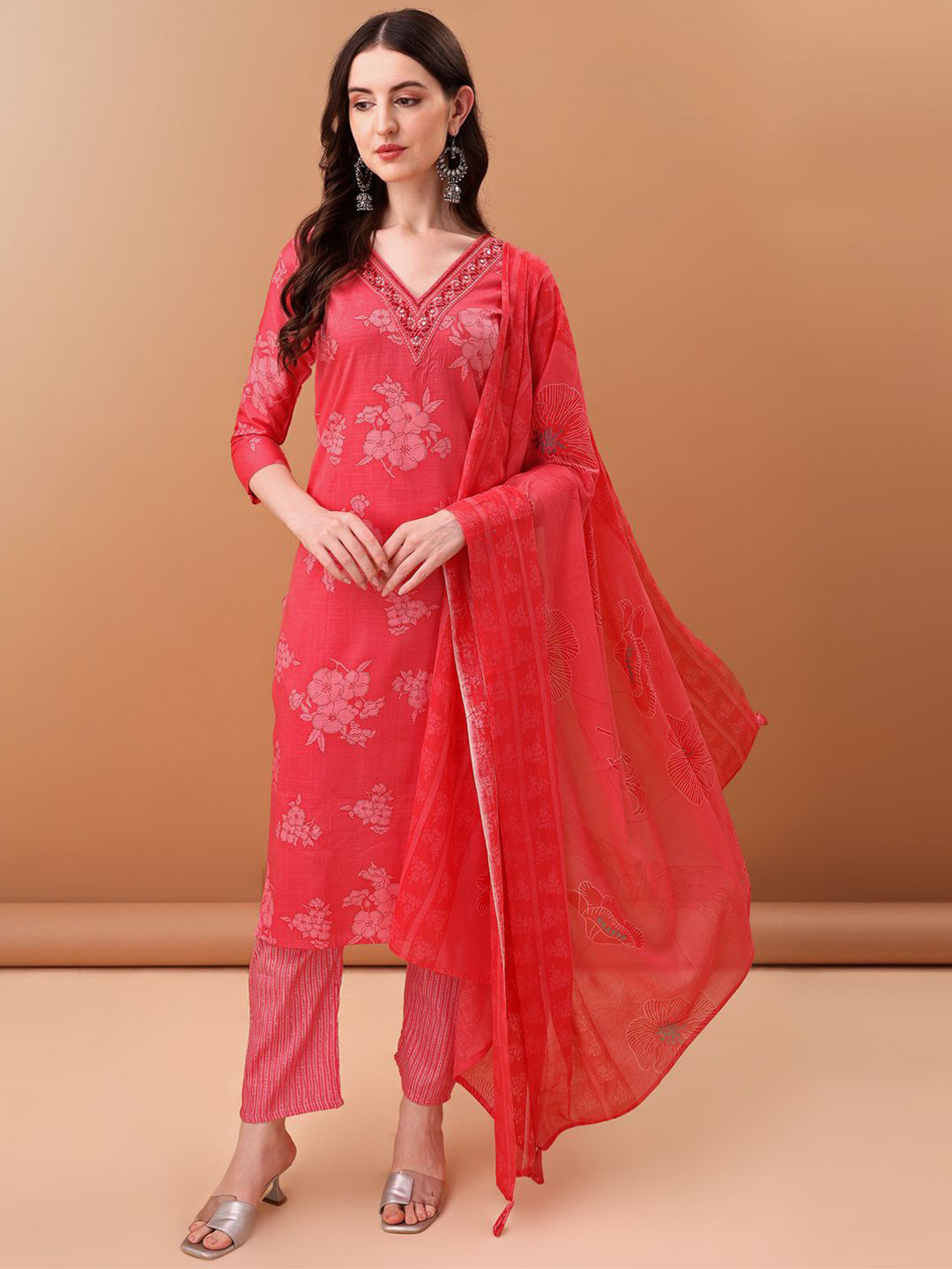 

KALINI Floral Printed V-Neck Sequinned Kurta With Trousers & Dupatta, Pink