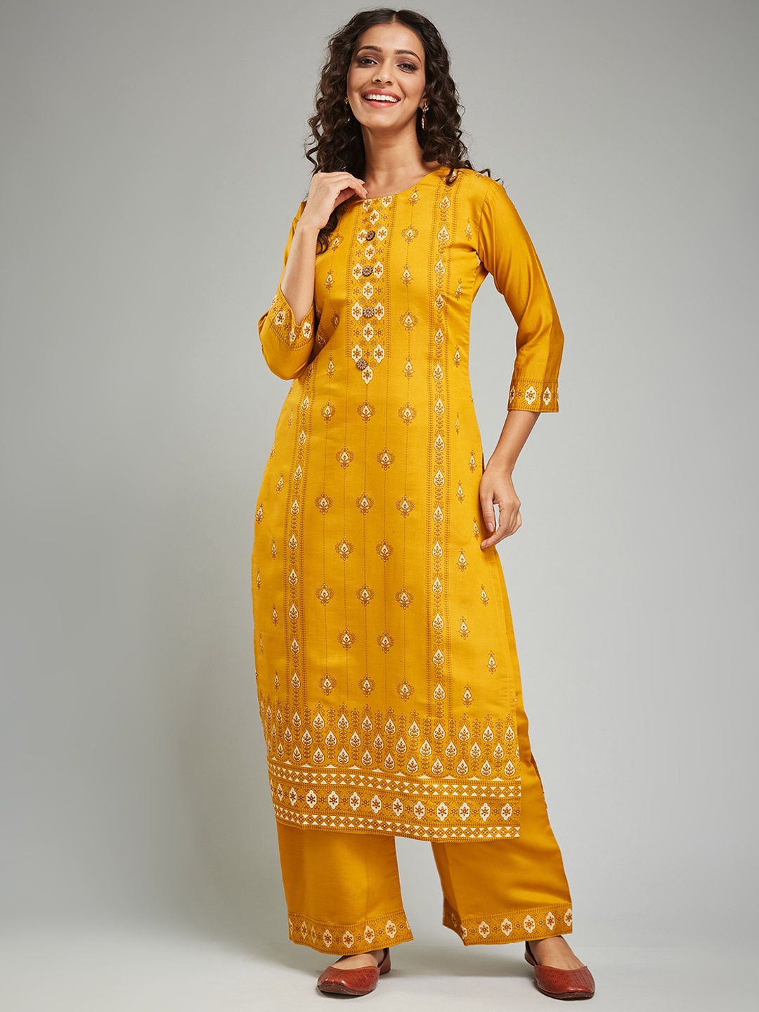 

KALINI Ethnic Motifs Printed Round Neck Chanderi Silk Straight Kurta with Palazzos, Mustard