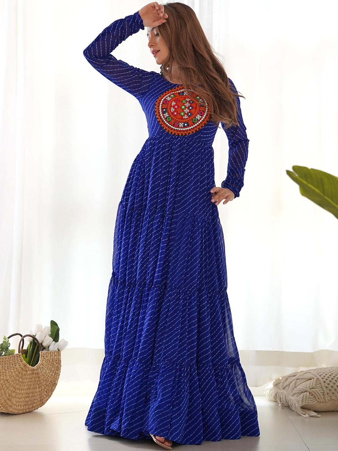 

Fusionic Embroidered Mirror Work Laheriya Flared Maxi Ethnic Dresses, Blue