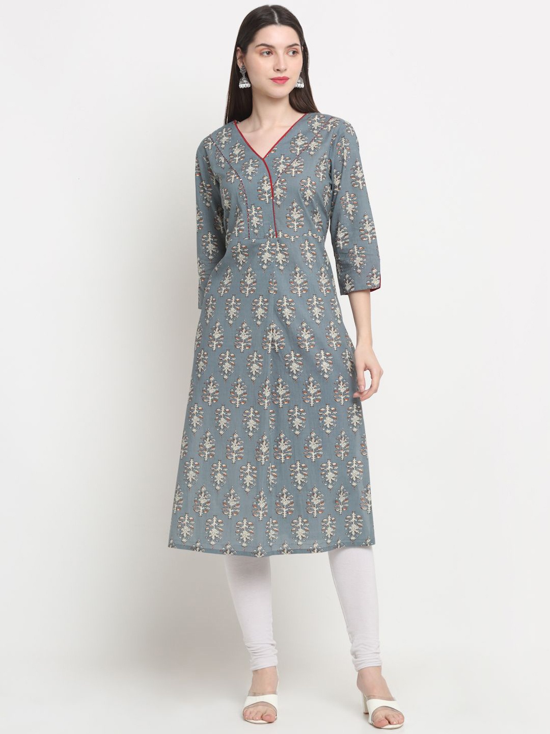 

KALINI Floral Printed V-Neck Cotton Straight Kurta, Grey