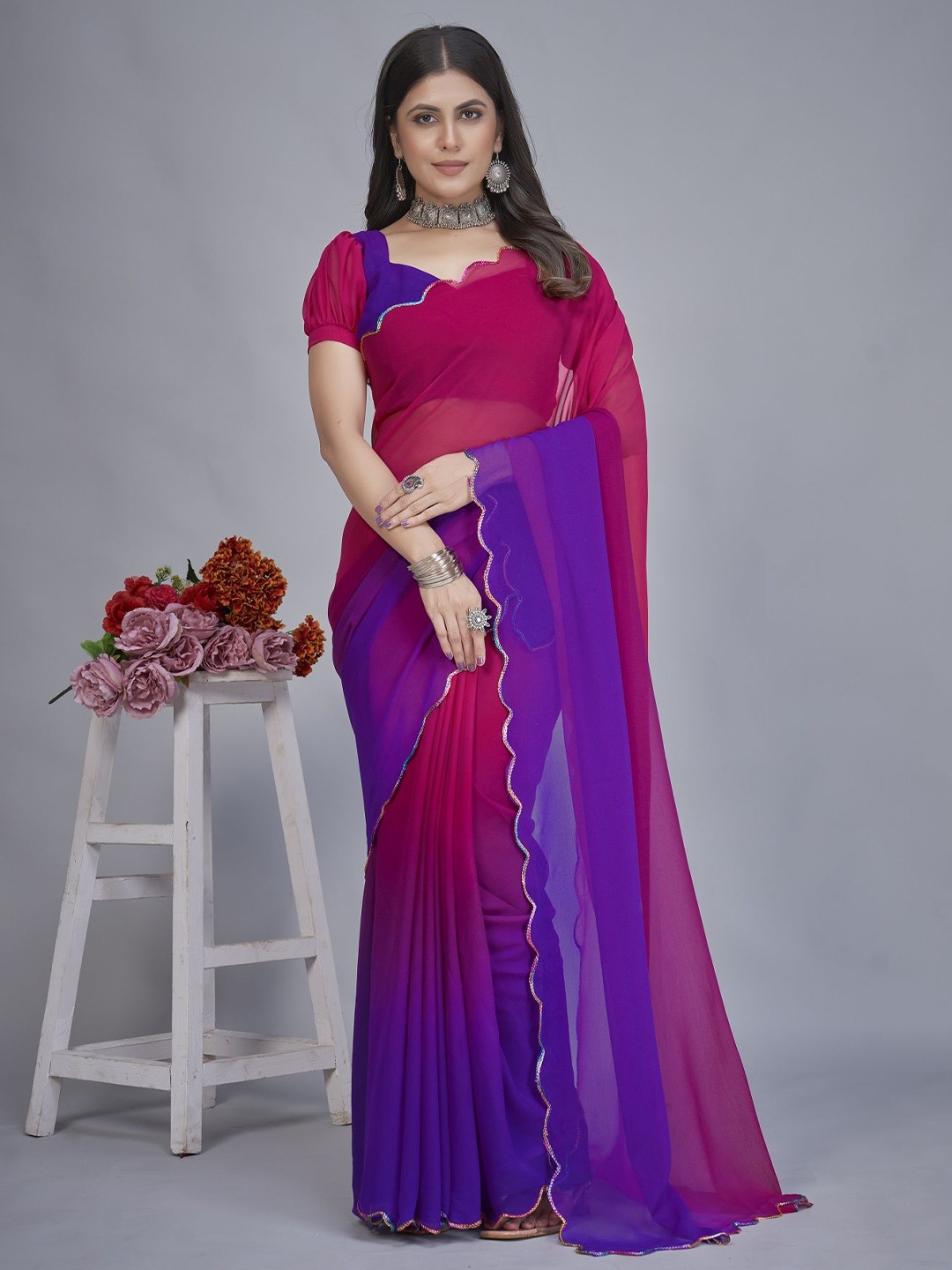 

APNISHA Ombre Embroidered Pure Georgette Half and Half Saree, Magenta