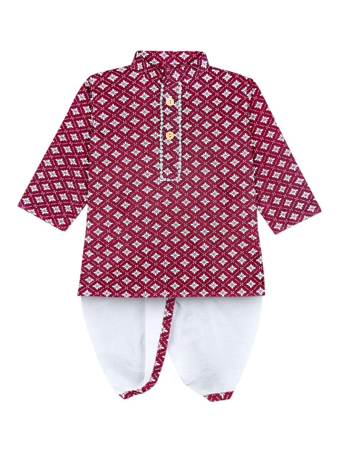 

BAESD Boys Floral Printed Mandarin Collar Straight Kurta With Dhoti Pants, Maroon