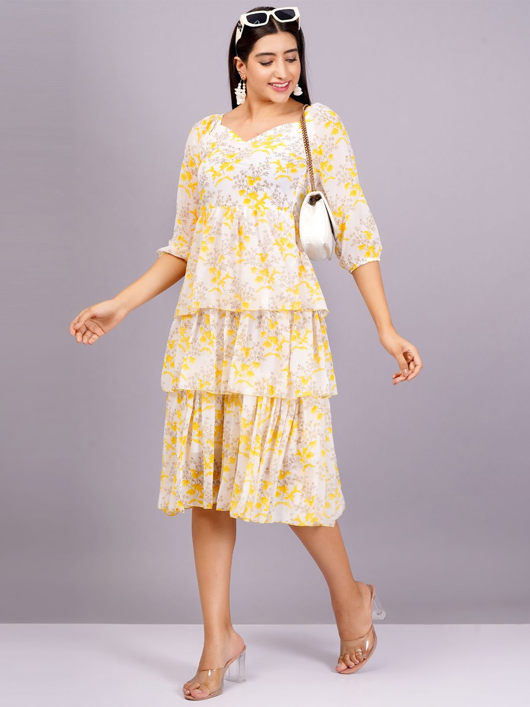 

KALINI Floral Print Georgette A-Line Midi Dress, Yellow