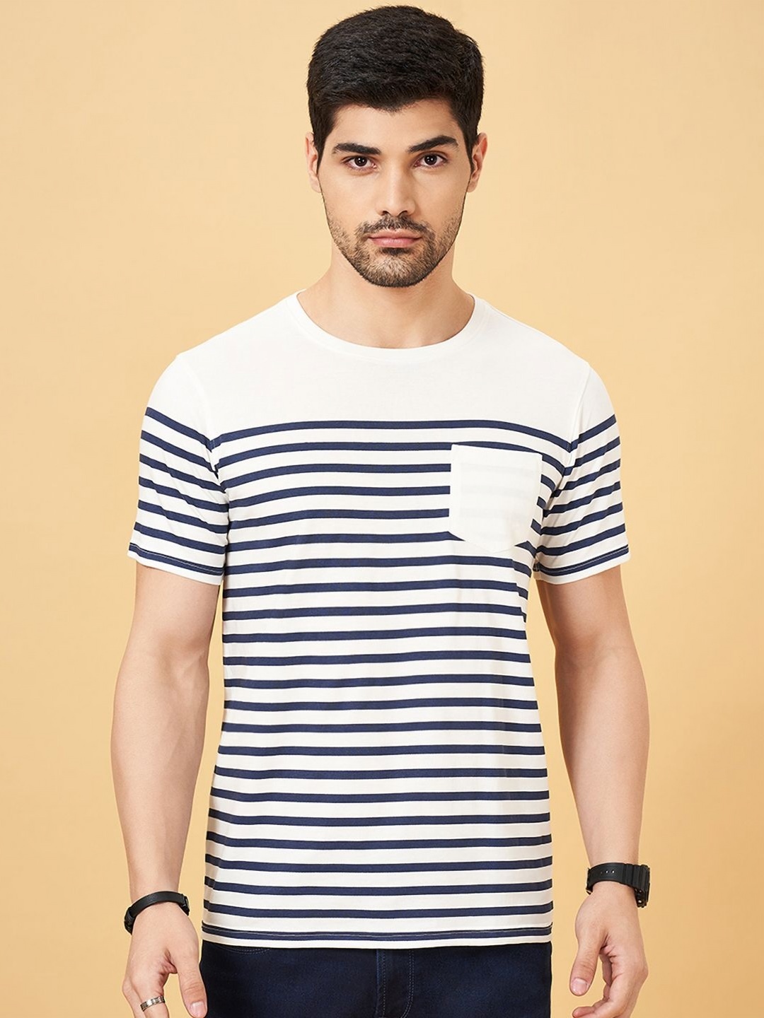 

SF JEANS by Pantaloons Men Striped Round Neck Cotton Slim Fit T-Shirt, Off white