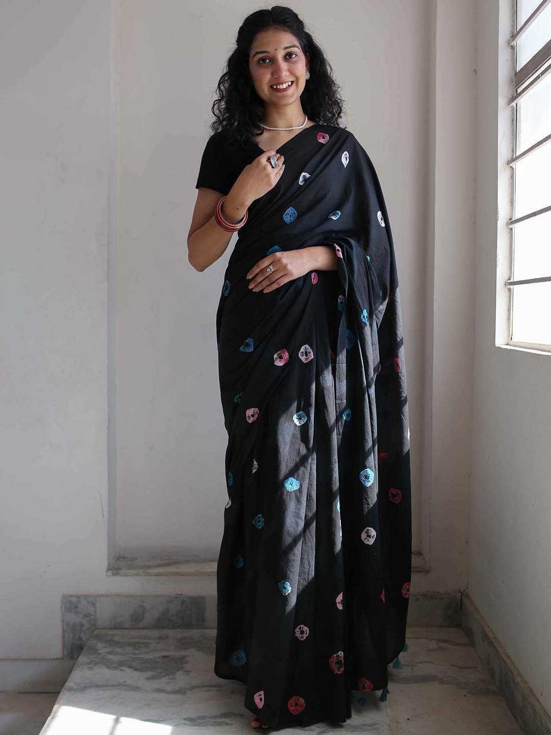 

Moora Bandhani Pure Cotton Saree, Black