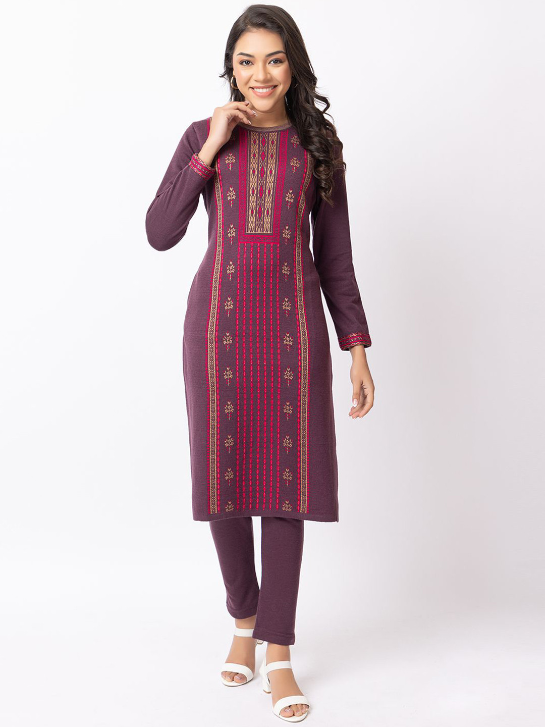 

Anouk Women Tribal Striped Mirror Work Jacquard Winter Wear Kurta, Violet