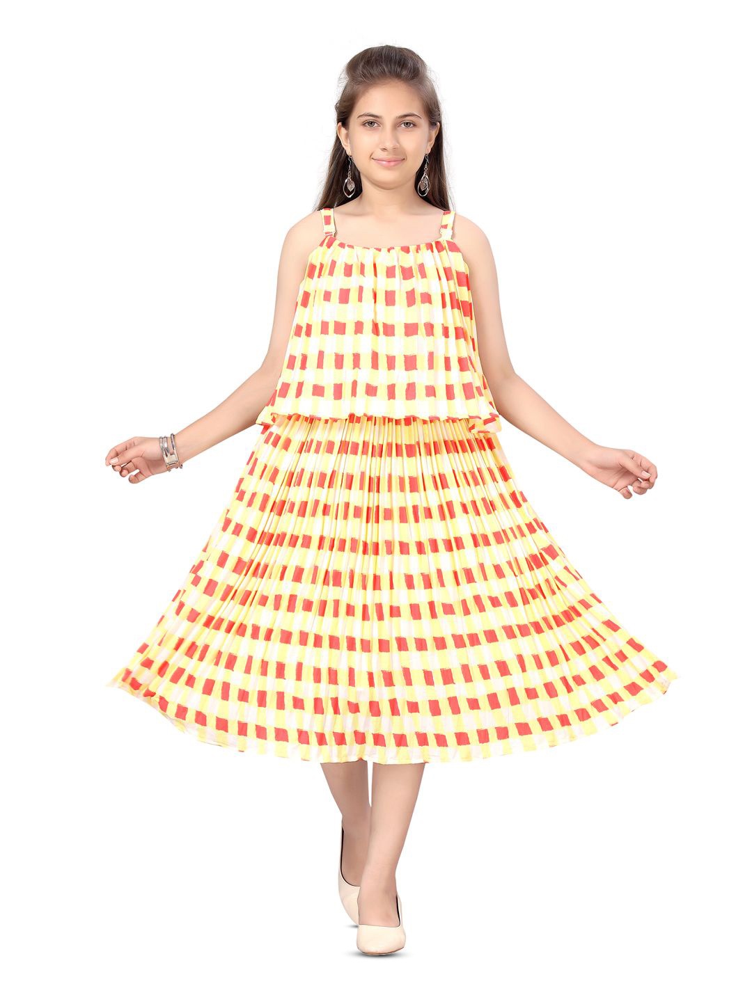 

BAESD Girls Printed Sleeveless A-Line Midi Dress, Yellow