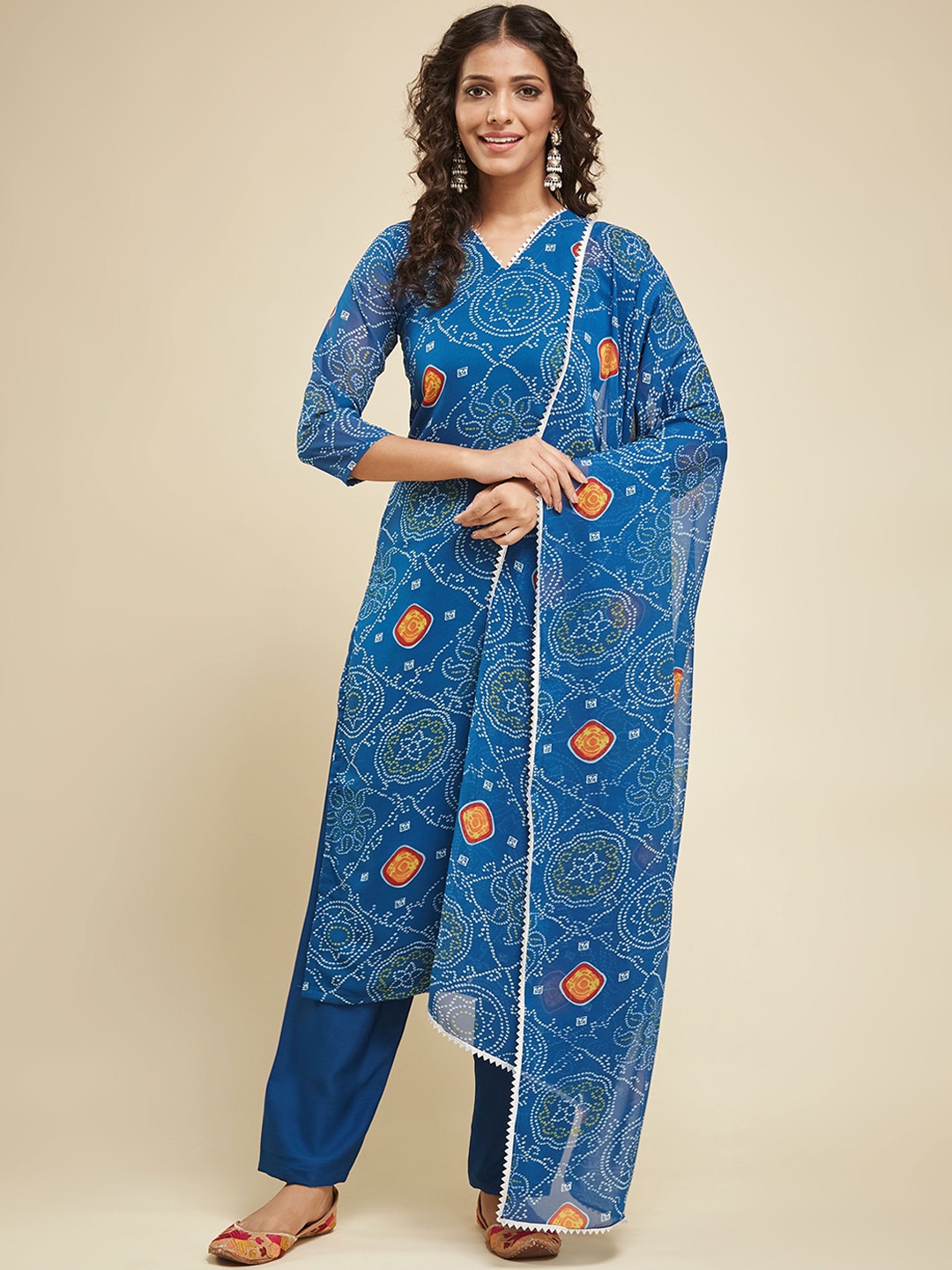 

KALINI Bandhani Printed Gotta Patti V-Neck Straight Kurta With Trousers & Dupatta, Teal