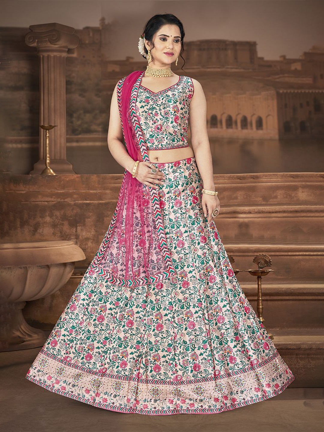 

EthnicTree Printed Beads and Stones Ready to Wear Lehenga & Blouse With Dupatta, White