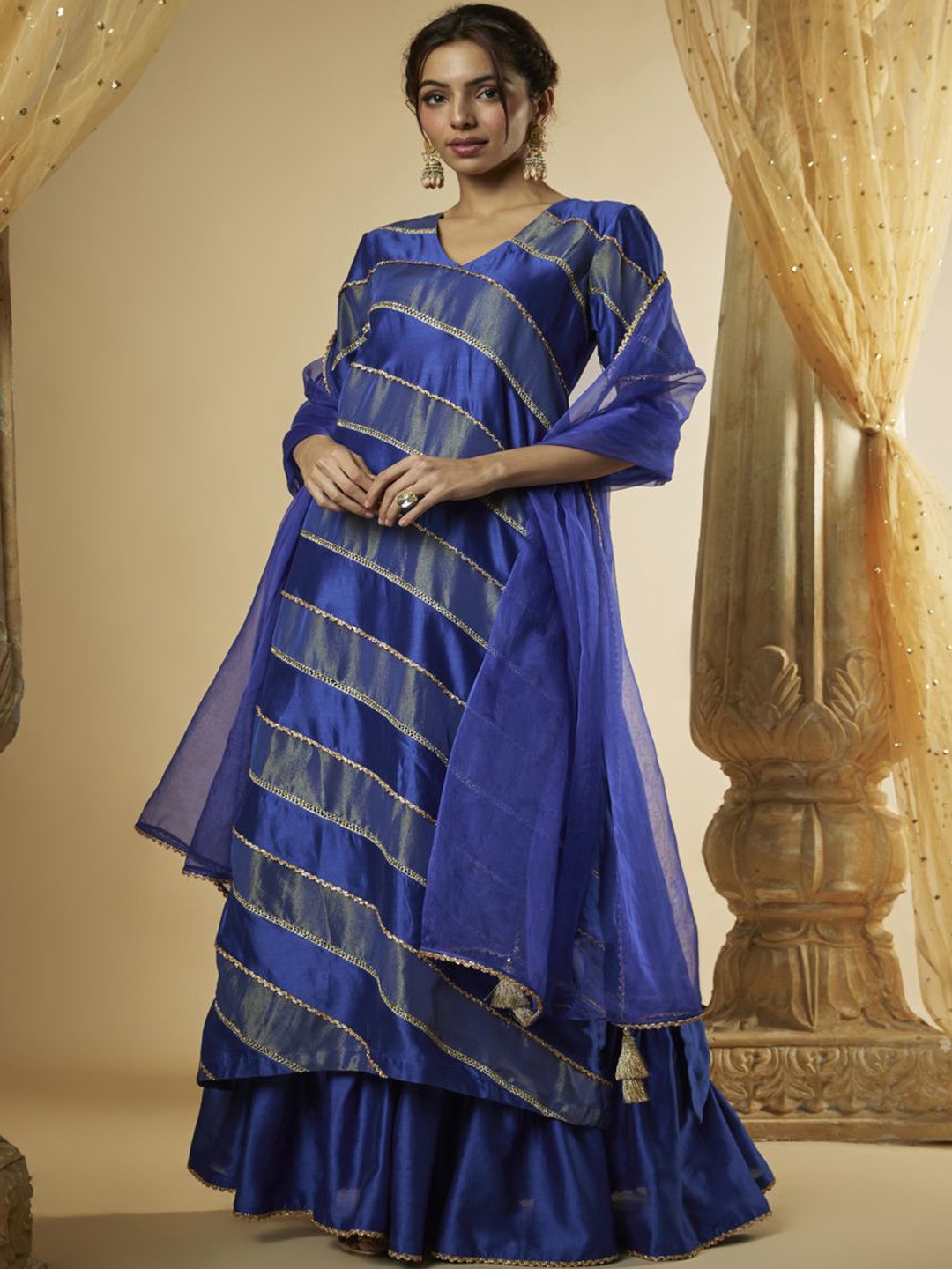 

The Aarya Striped Embroidered Thread Work V-Neck Straight Kurta With Sharara & Dupatta, Blue