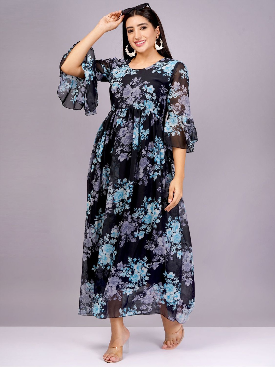 

KALINI Floral Print Bell Sleeve Georgette Maxi Dress, Blue