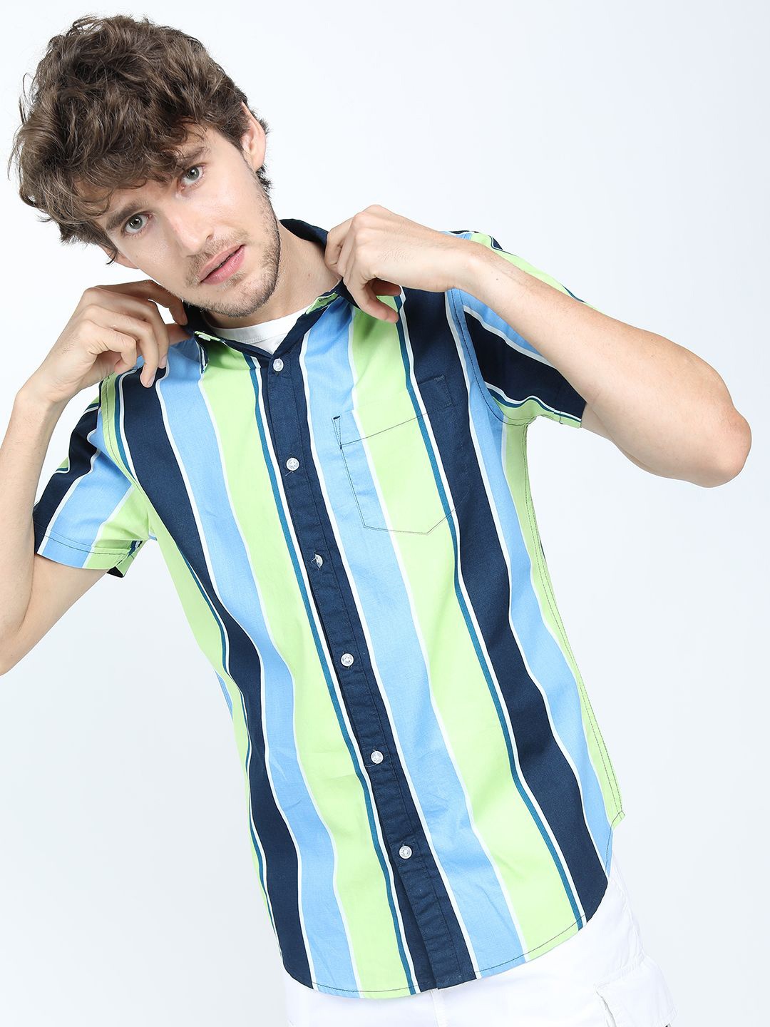 

HIGHLANDER Men Slim Fit Multi Stripes Opaque Striped Casual Shirt, Blue