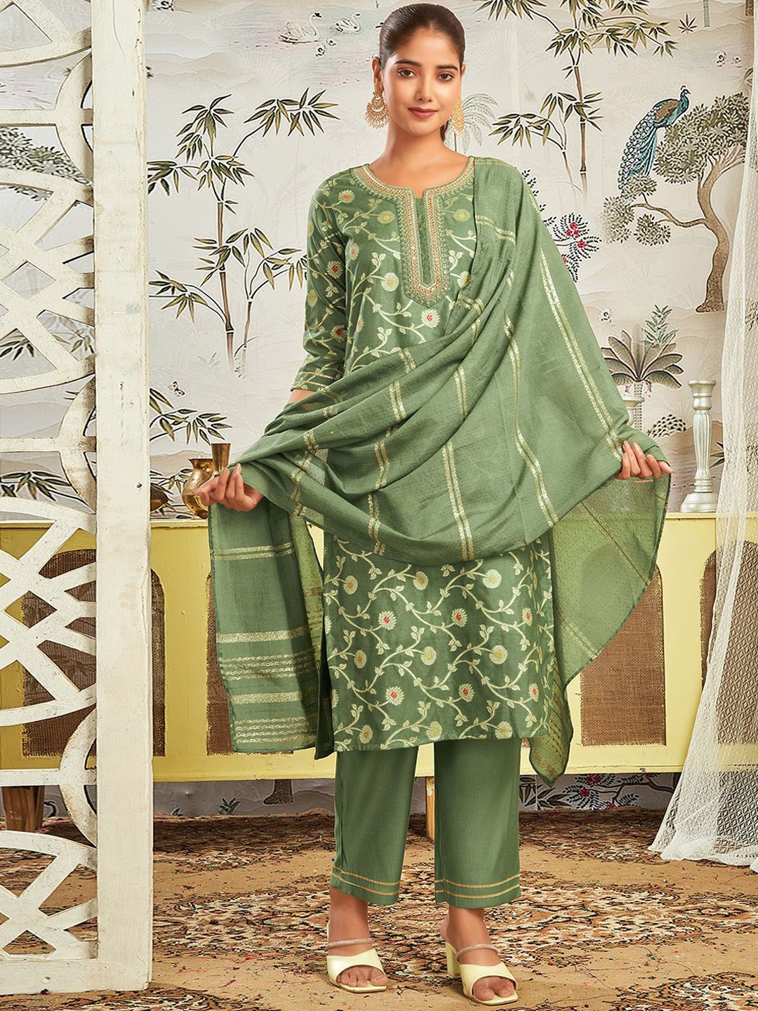 

KALINI Floral Woven Design Zari Straight Kurta with Trousers & Dupatta, Green