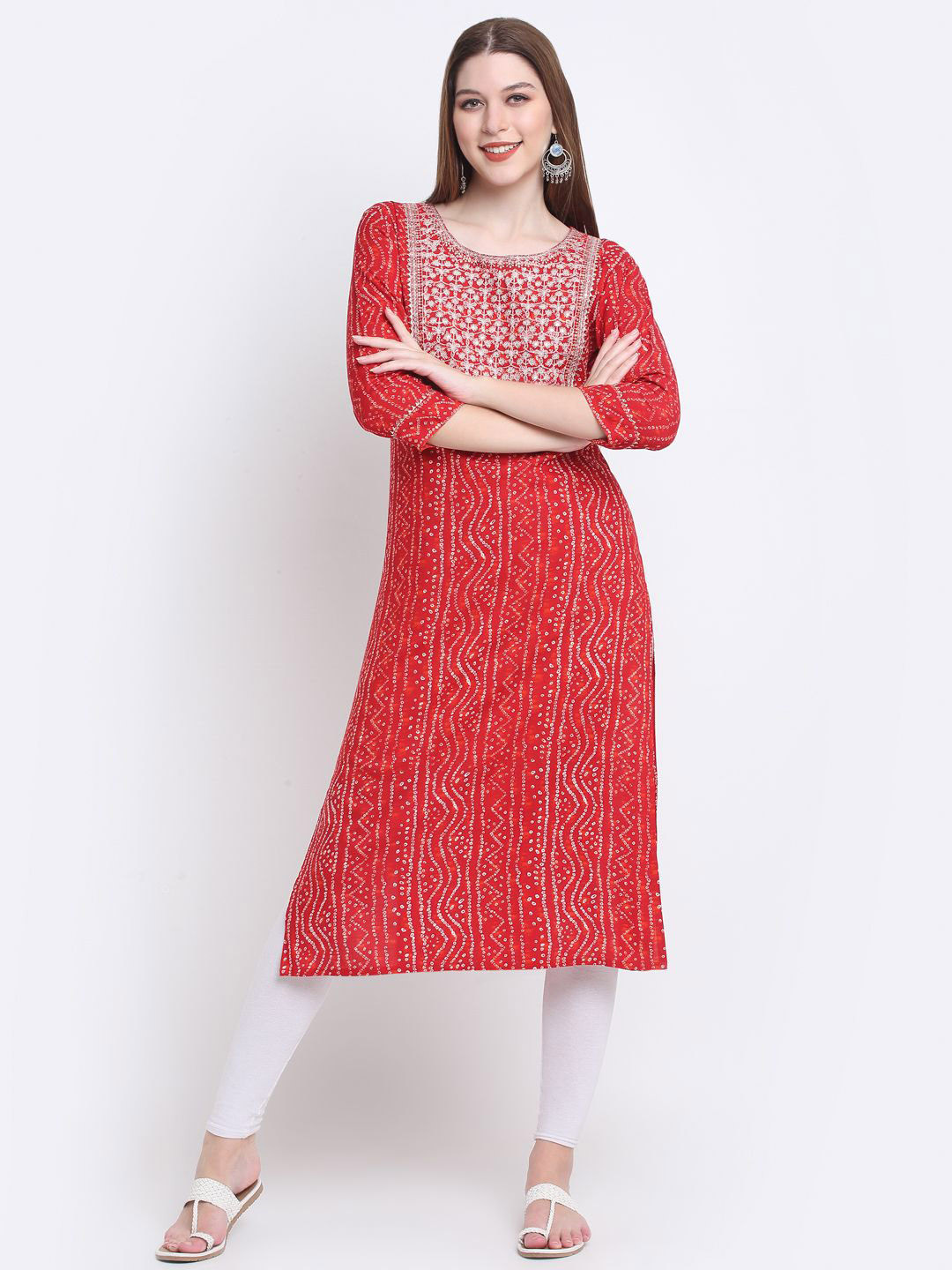 

KALINI Bandhani Printed Sequinned Straight Kurta, Red