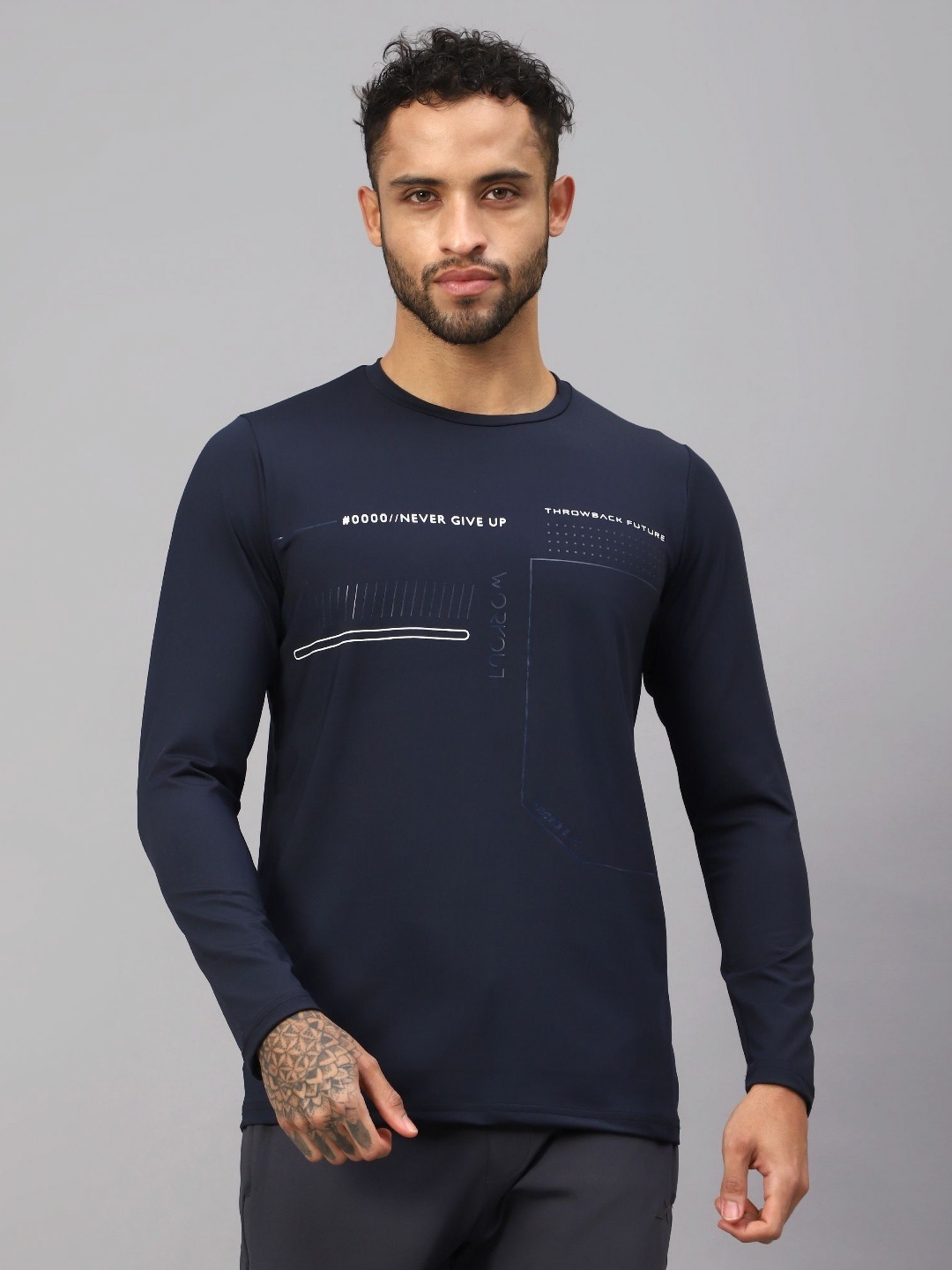 

VECTOR X Men Typography Printed Round Neck T-Shirt, Navy blue