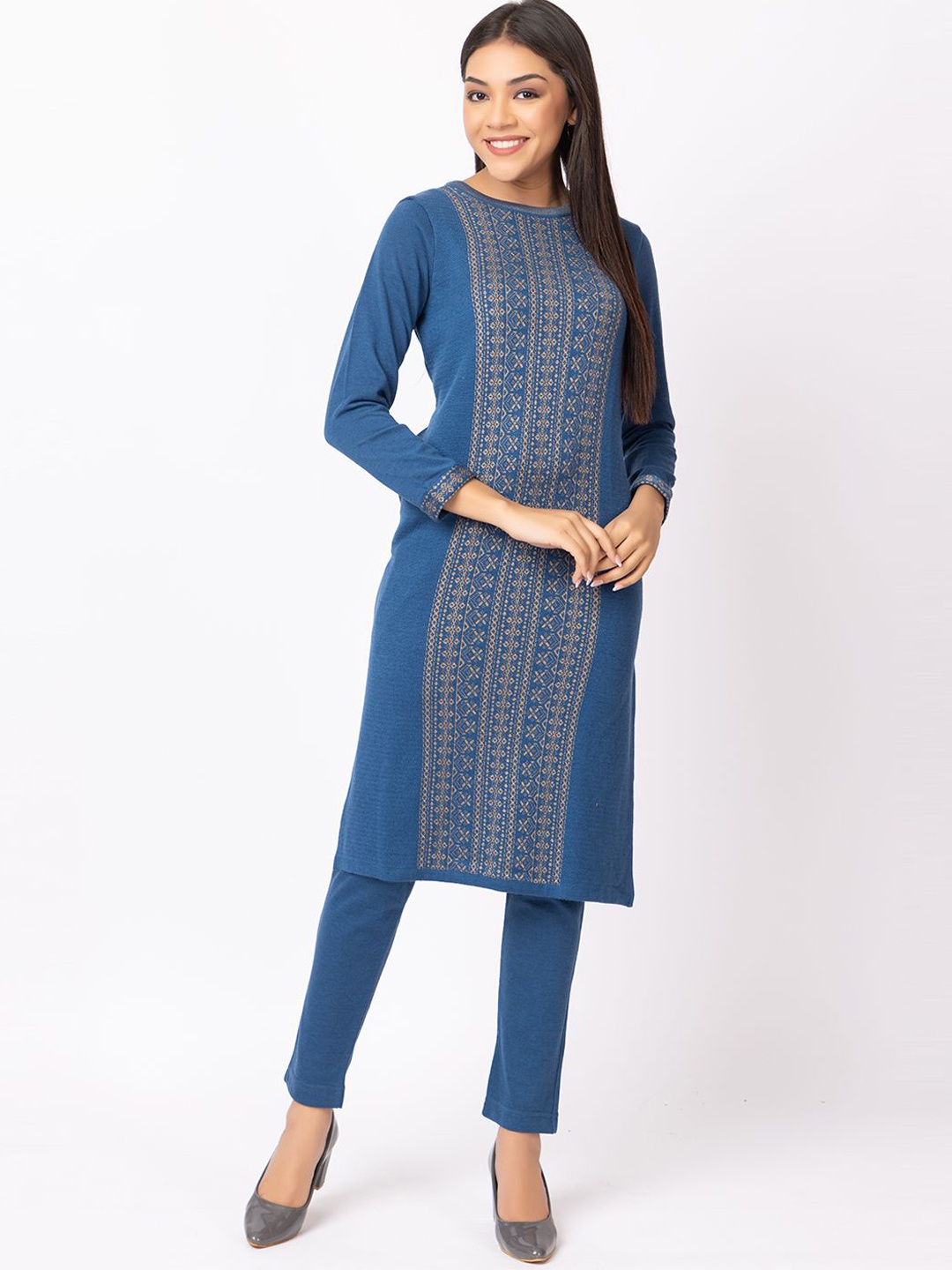 

Anouk Women Geometric Flared Sleeves Thread Work Jacquard Winter Wear Kurta, Blue