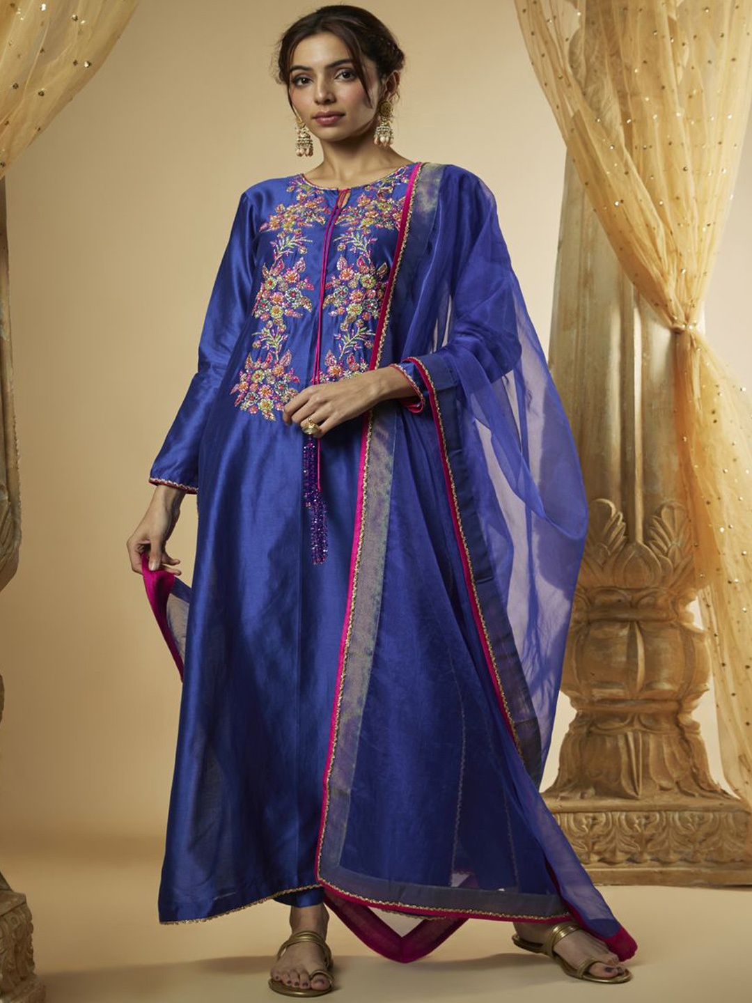 

The Aarya Floral Embroidered Zardozi Straight Kurta With Trousers & Dupatta, Blue