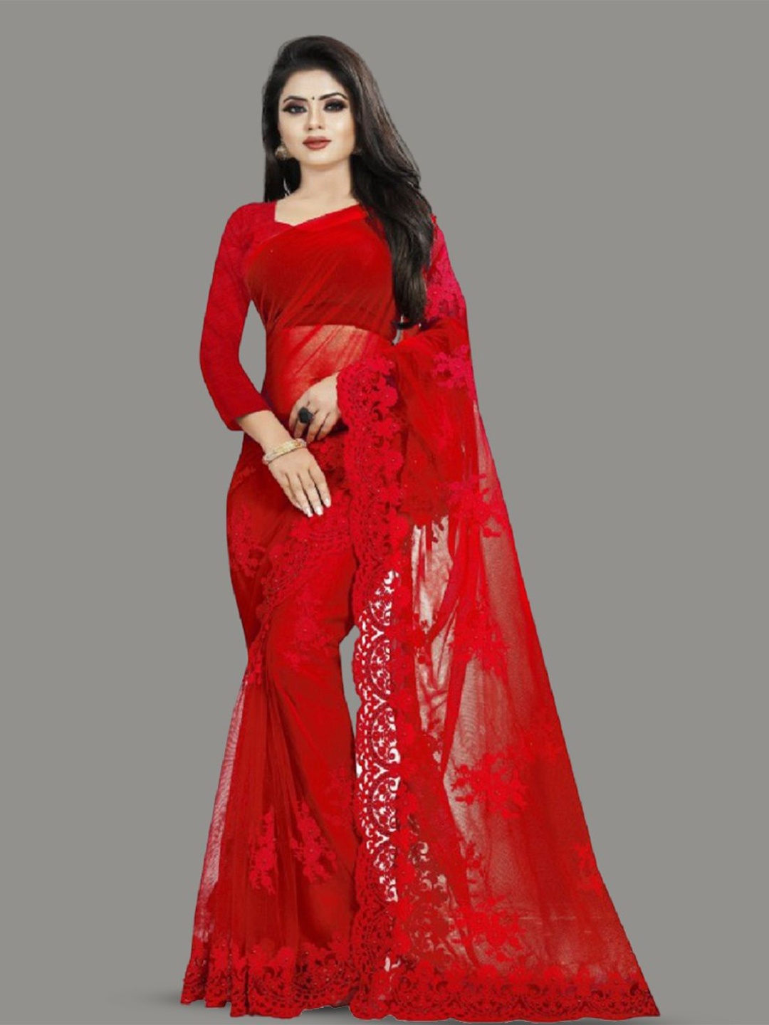 

APNISHA Ethnic Motifs Embroidered Net Saree, Red