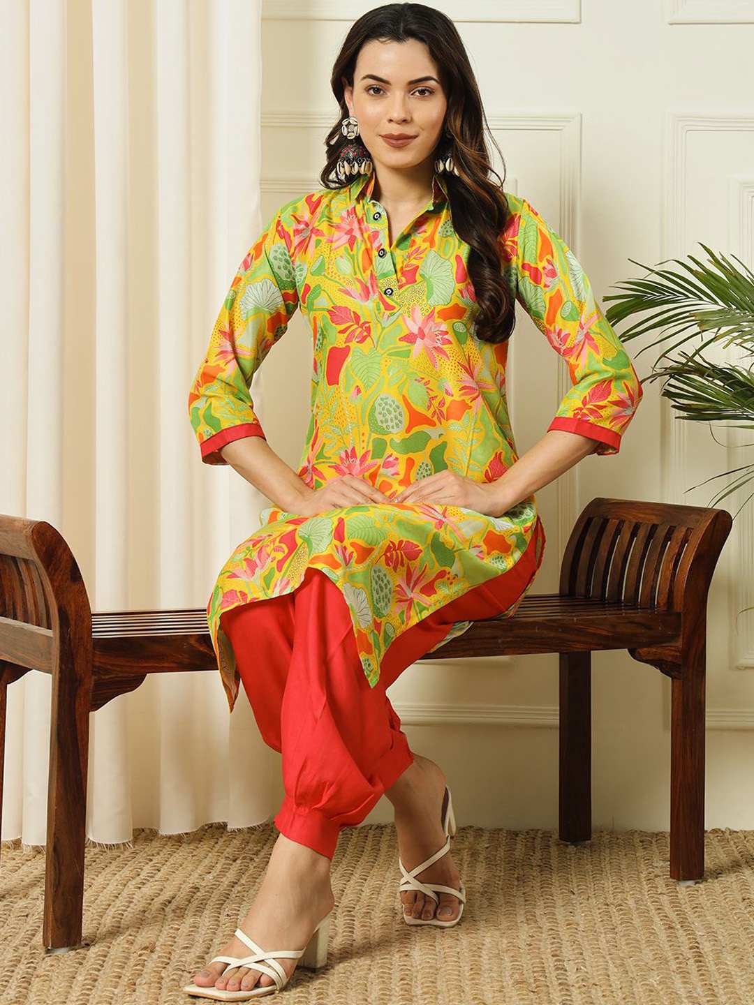 

Anouk Floral Printed Shirt Collar Regular Straight Kurta with Salwar, Yellow
