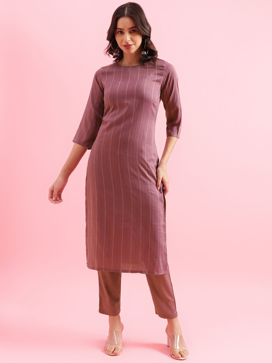 

HRITIKA Striped Straight Sequinned Kurta with Trousers, Mauve